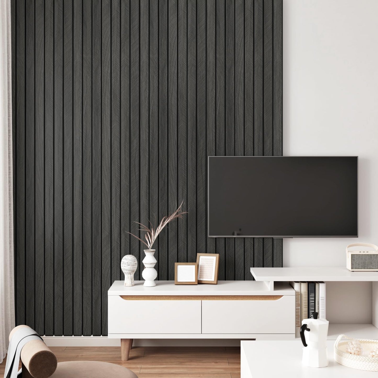 STICKEEP Self Adhesive Wood Slat Wall Paneling Grey/Black 3D Wood Panels for Wall Decor Soundproof Peel and Stick Wooden Grain Panel Wallpaper for Living Room Bedroom Dinner Office 11.8" x 118"