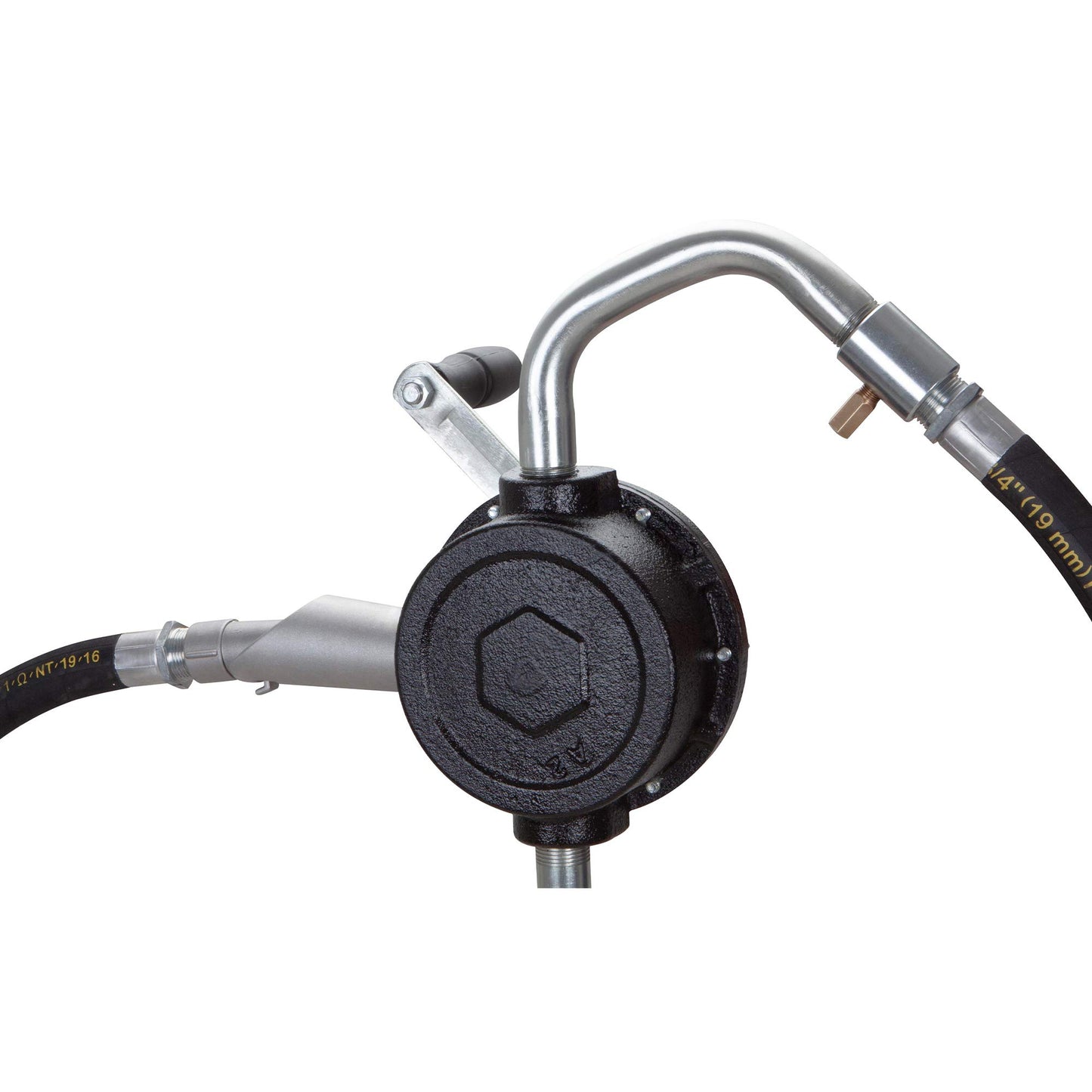 Groz Industrial Rotary Fuel Pump, FM-Approved Cast Iron, 3-Vane, 38 LPM/10 GPM, 8 ft Anti-Static Hose, Aluminum Nozzle, Vacuum Breaker & Flame Arrestor, 2 in Bung, Fits 15-55 Gal Drums (44082)