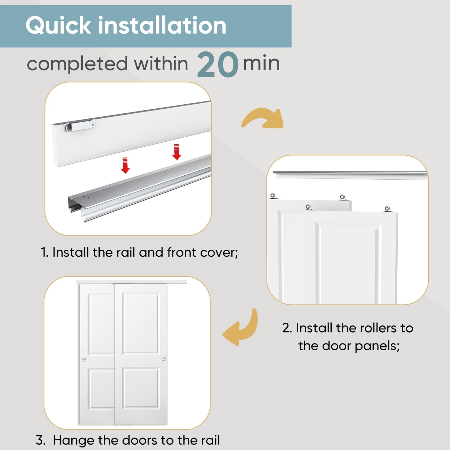 JUBEST 60x80 in Sliding Closet Door, Raised 2-Panel Square Top White Primed Hollow Core Door Slab with Hardware Kits & Matching Fascia, Pre-drilled & Paintable, Space-Saving for Bedroom Laundry