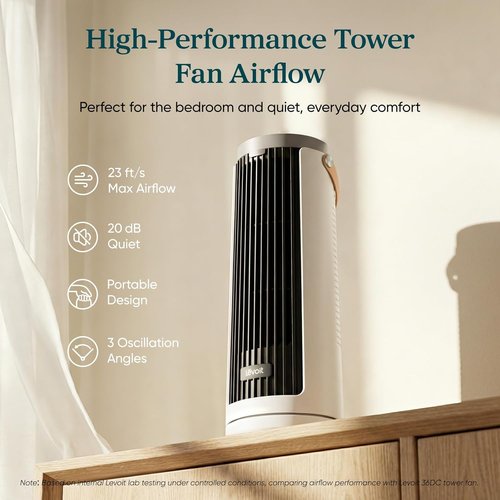 LEVOIT Bladeless Tower Fan - 20dB Quiet Operation, 4-Speed Oscillation, Portable Design | White