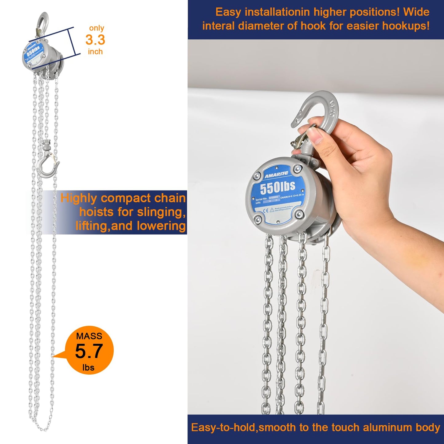 2 Pack AMARITE 1/4 Ton Compact Small Chain Hoist 550lbs Capacity Low-Profile Design with Dual Brakes & Mini Chain Lever Hoist Come Along - Small and Lightweight 0.25 Ton 550lbs Capacity 10ft Lift