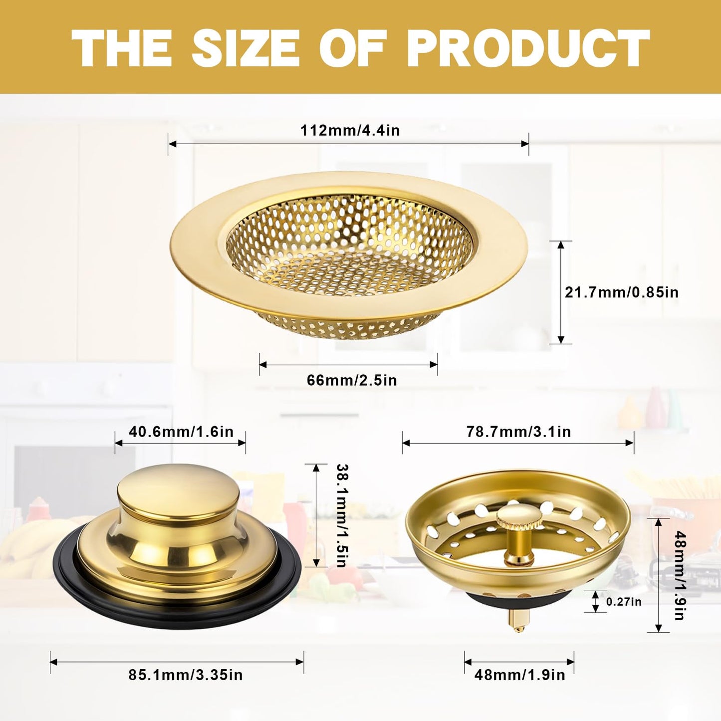 RQYEKDO 3-Pack Kitchen Sink Drain Strainer Stopper Set, Universal Anti-Clogging Stainless Steel Garbage Disposal Plug with Handle, Perforated Basket Filter Sieve for Standard 3.5" Drains (Gold)