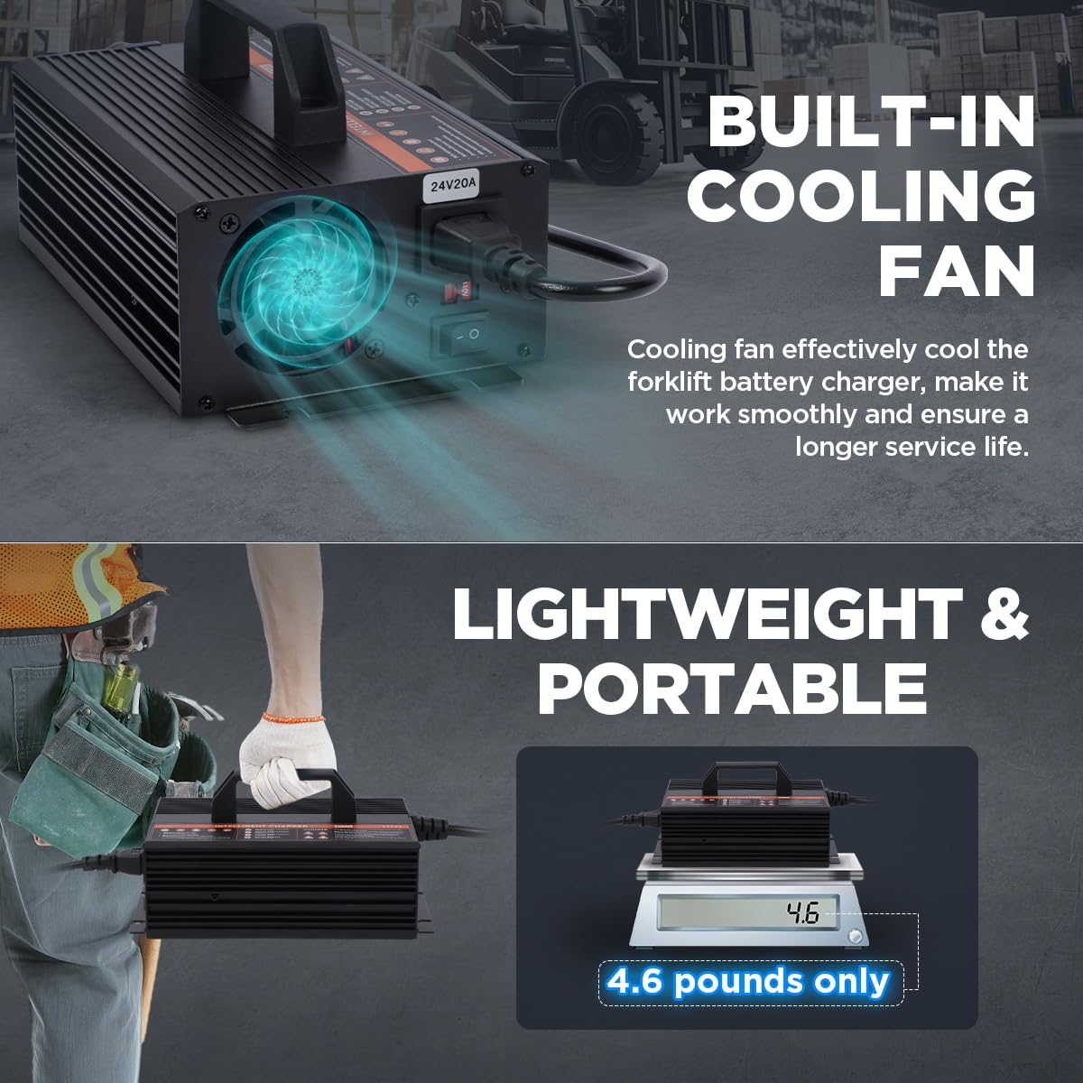 Forklift Battery Charger 24V 20A Smart Forklift Charger 24 Volt 600W Auto Pallet Jack Battery Charger LCD Display Trickle Charger for 24V Electric Pallet Jack, Stacker, Floor Scrubber, Scissor Lifter
