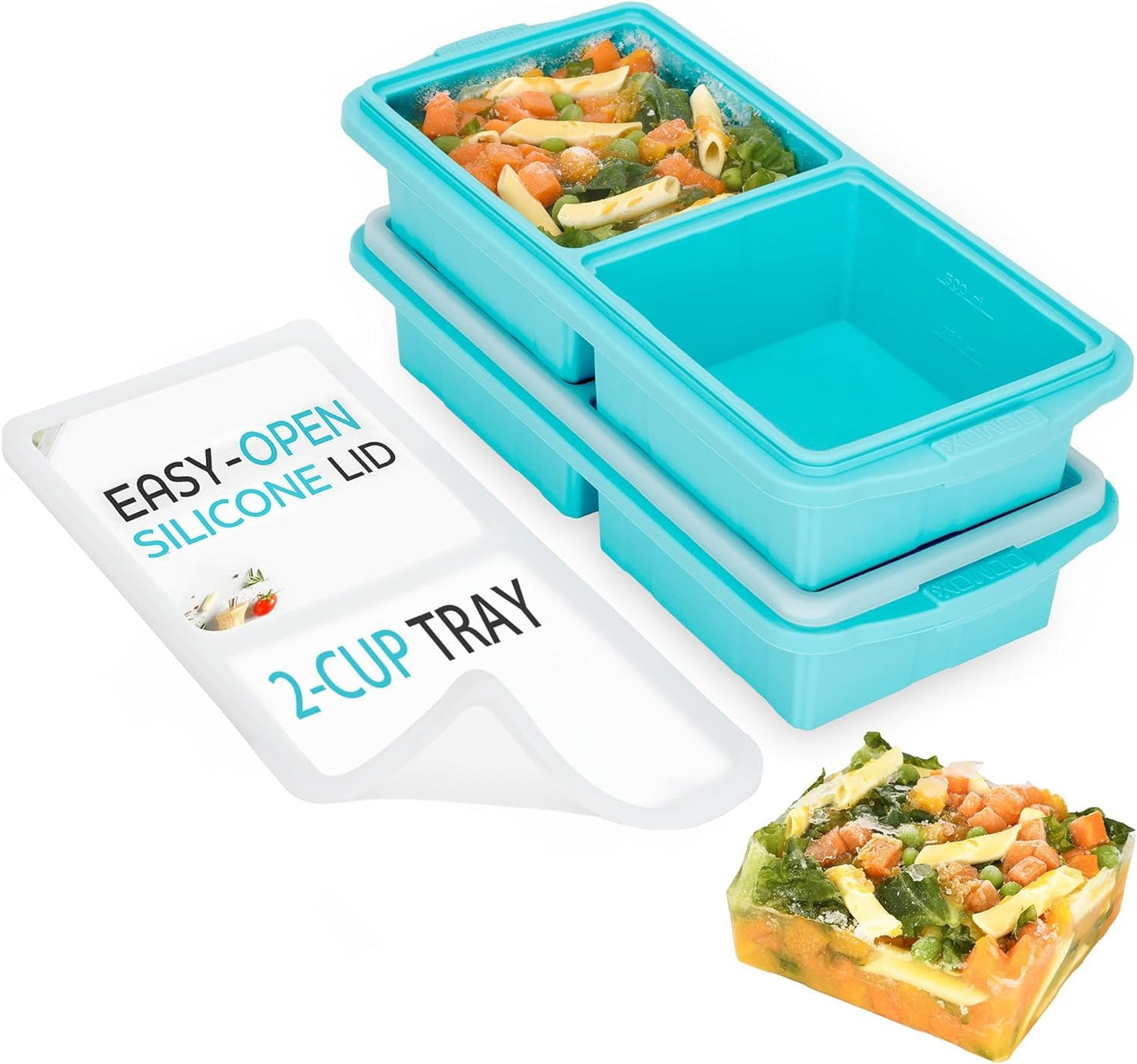 XOMOO Silicone Freezer Tray With Lid-Soup Freezer Container molds-2-cup Extra Large Ice Cube Tray-makes 4 perfect 500ml portions cubes, For freezing soup,stews,sauces.Oven&Dishwasher-Safe(2-Pack)