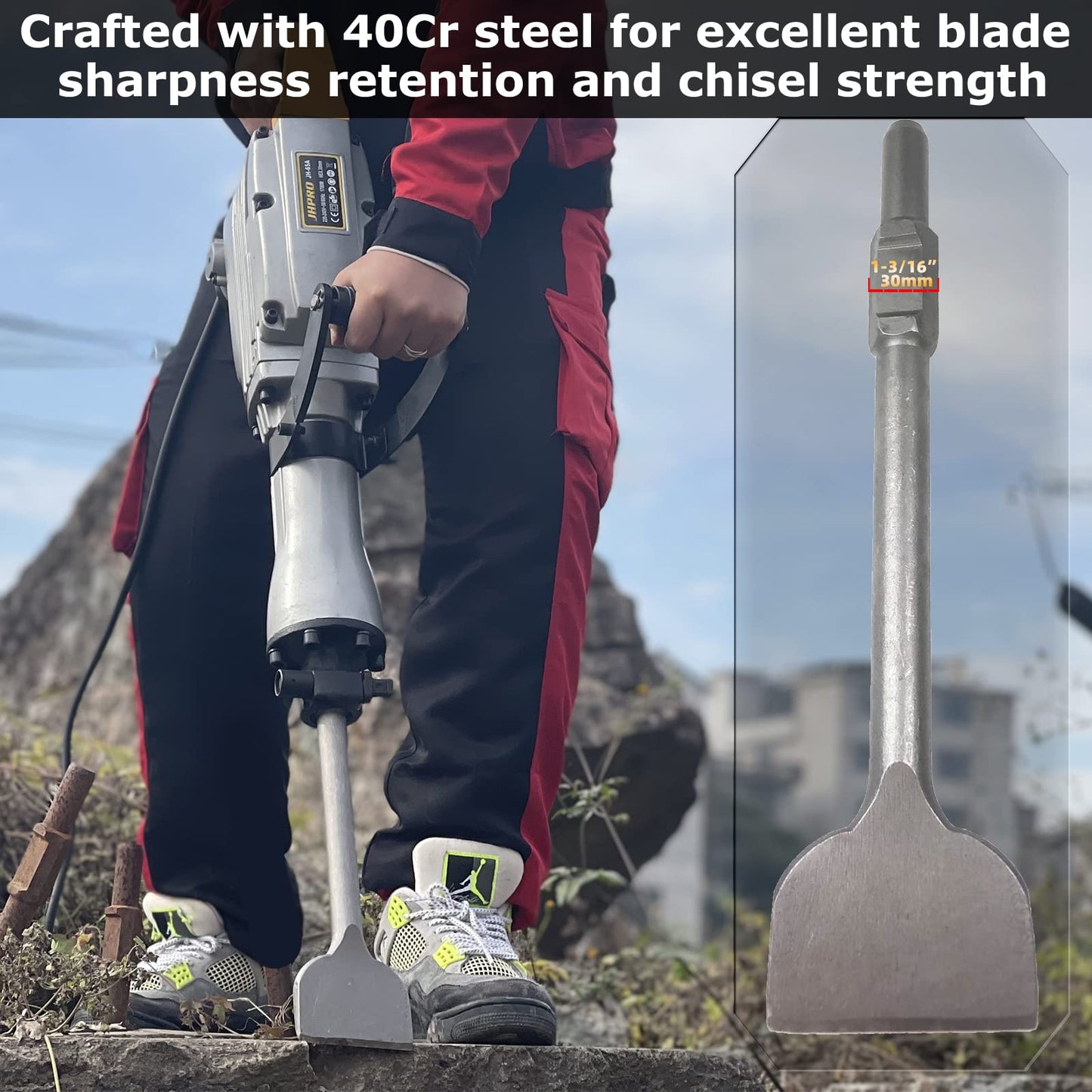 JACKCHEN 4 Inch Wide Tile & Removing Tile and Stone Chisel for hex.30mm Demolition Jack Hammers, 16 Inch Long, Alloy Steel Construction, 4" x 16" Chisel Bit for Demolition Concrete Breaker