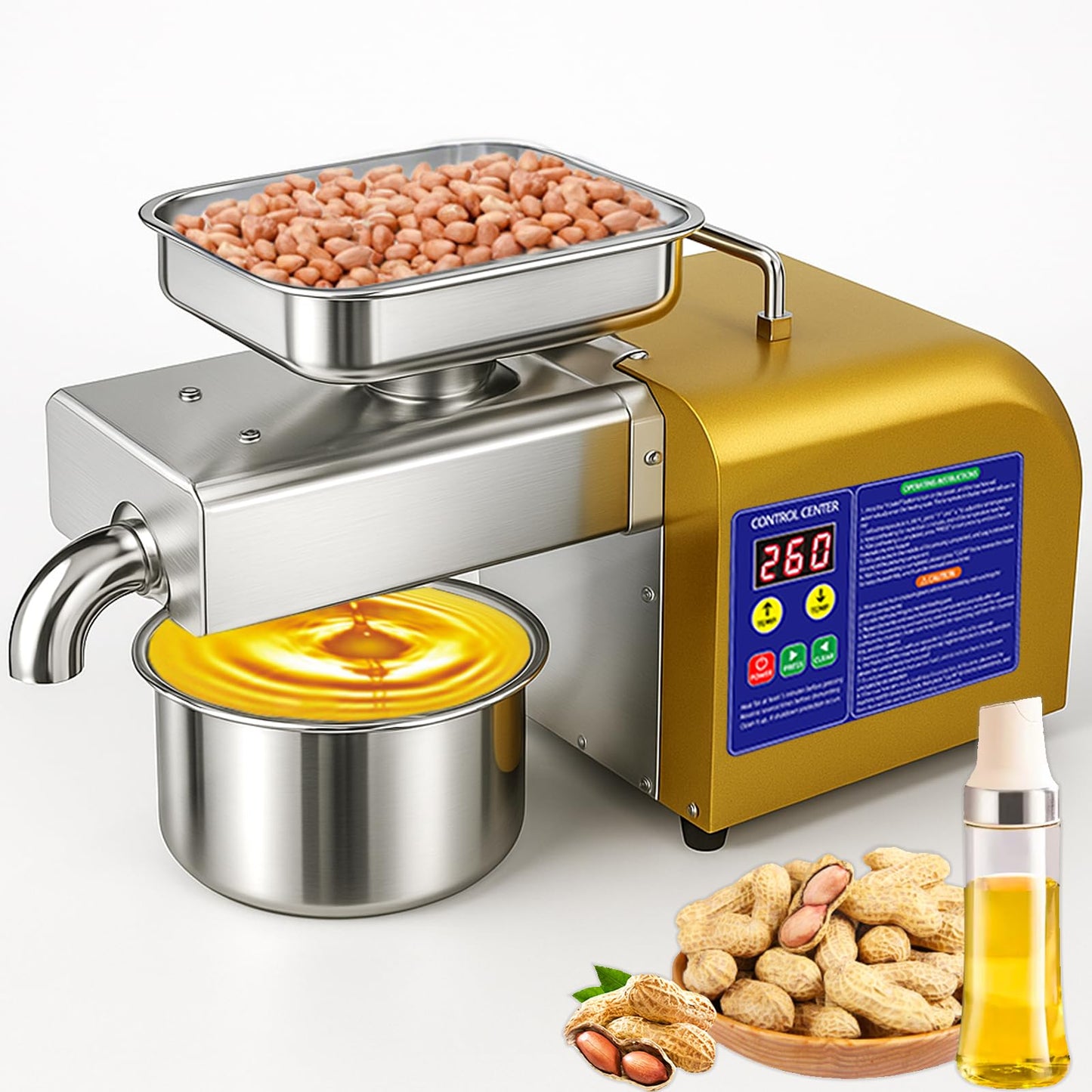 Rkazes Oil Press Machine, 1800W Automatic Electric Oil Maker for Home & Commercial, Stainless Steel Oil Extractor for Cold & Hot Press for Seed, Nut, Peanut, Olive Kernel, Sesame, Sunflower, Walnut