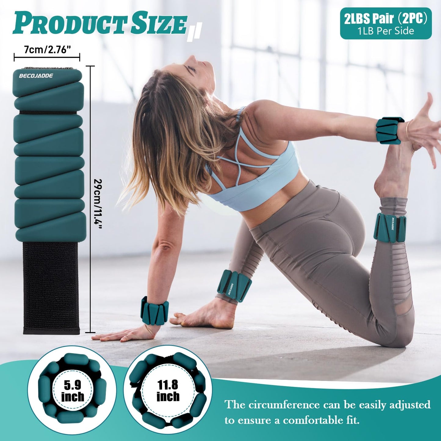 BECOJADDE Ankle Weights Set of 2 (1 lb Each) Adjustable Wrist Weights for Women Men Wearable Arm Leg Weight for Pilates, Running, Walking, Workout, Yoga, Deep Emerald