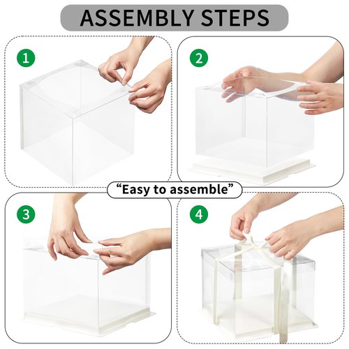 FZJ 24 Pcs Clear Gift Box with Ribbon 2-Layer 8.5x8.5x9 Inch, Transparent Cake Carrier Box with Lids, PET Tall Cake Packaging Boxes, Clear Gift Boxes for Birthday,Wedding and Festival Party