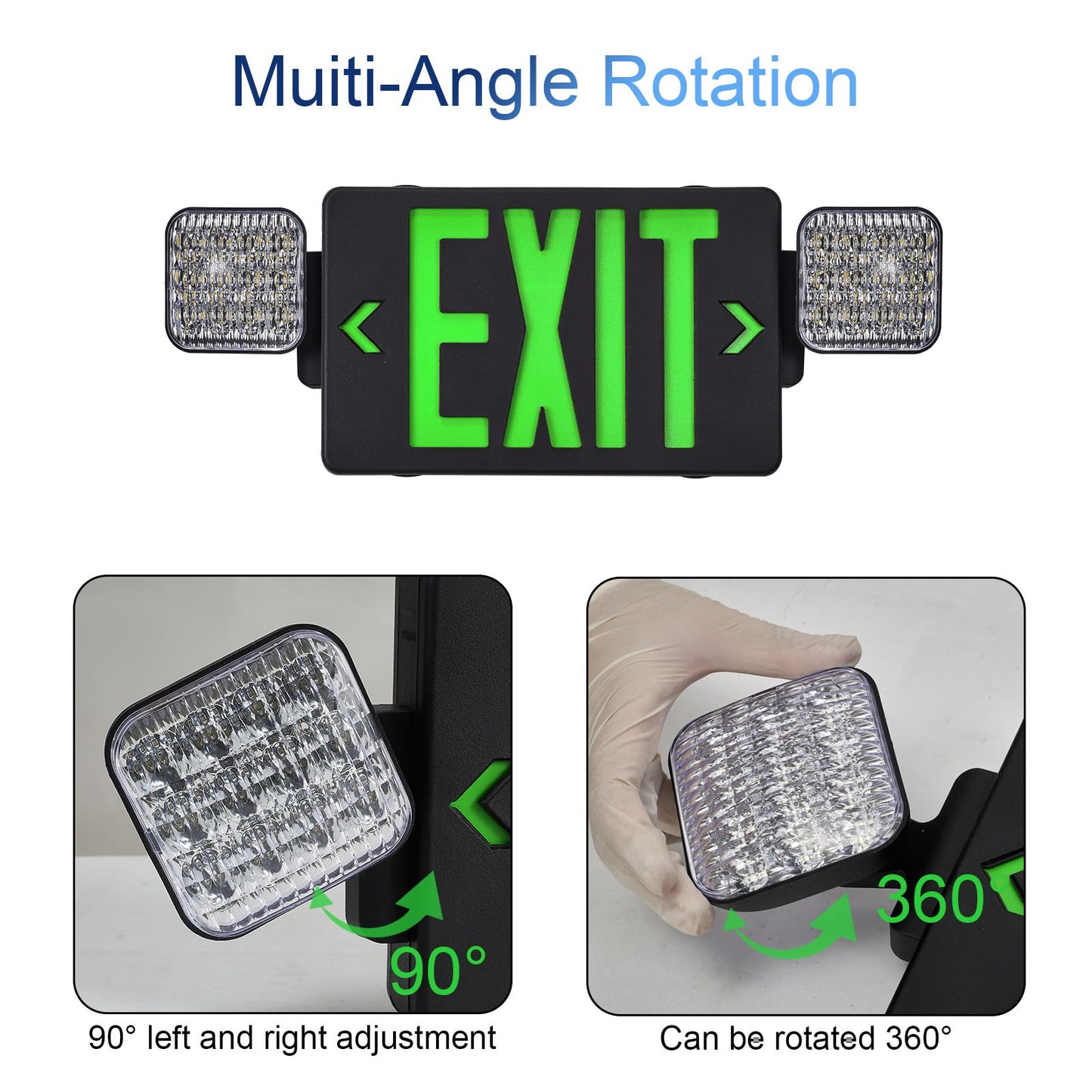 GZRUIYANG Black Housing Exit Sign With Emergency Lights Green, LED Exit Light With Battery Backup, UL 924 Certified, AC 120/277V, Commercial Lights Combo for Business - 2 Pack