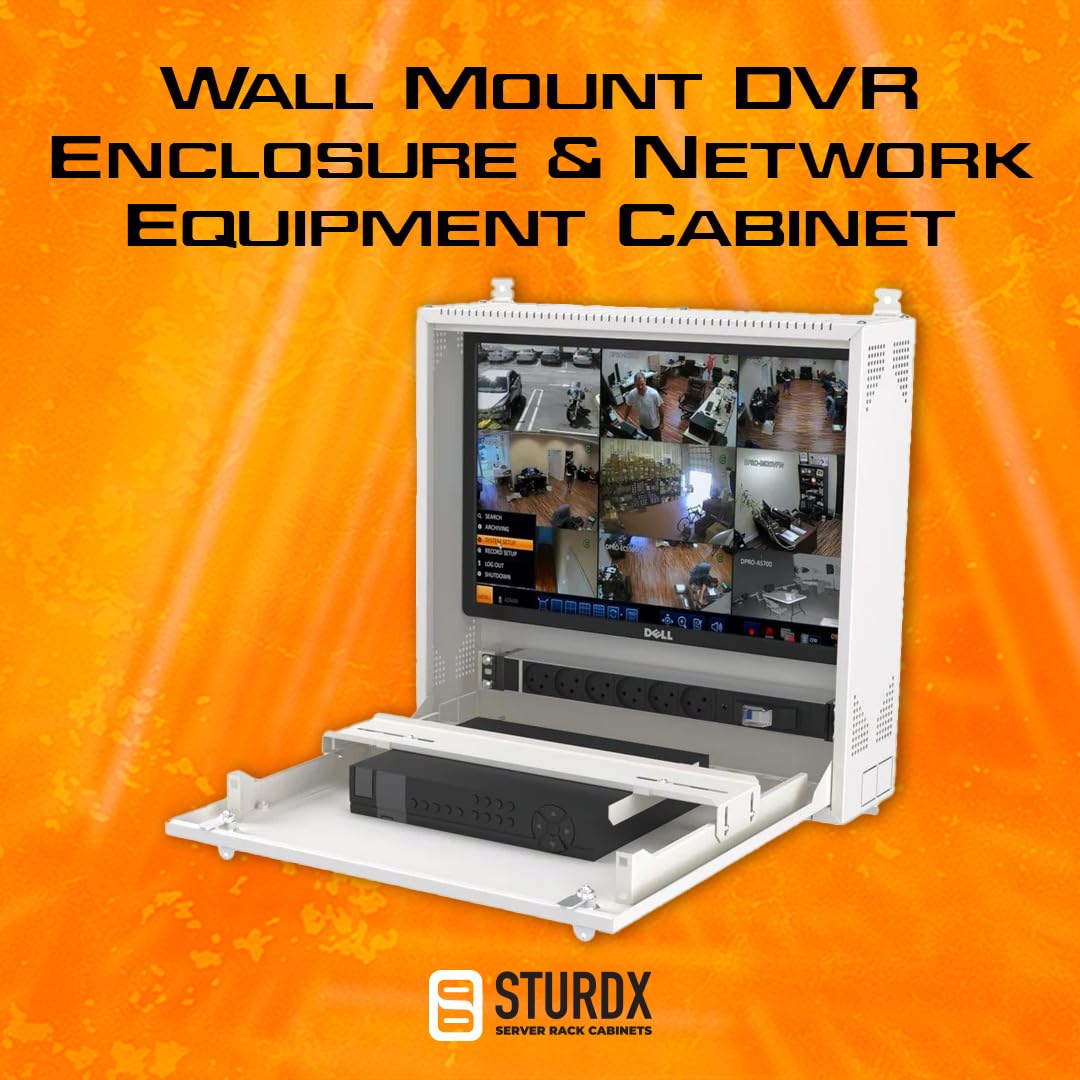 Wall-Mount DVR/NVR Security Enclosure, Lockable Steel Cabinet with 1U Adjustable Rail, Ventilated, 22″ W x 21.2″ H x 5.9″ D, White (RAL 7035) – STURDX