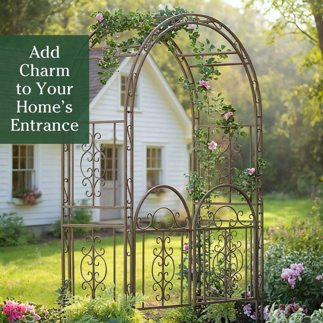 Plow & Hearth Arch Metal Outdoor Garden Arbor Double Gate | Montebello | 7 Feet Tall | Gunmetal Black | Steel Iron Trellis Lattice Climbing Plants & Heavy Vines