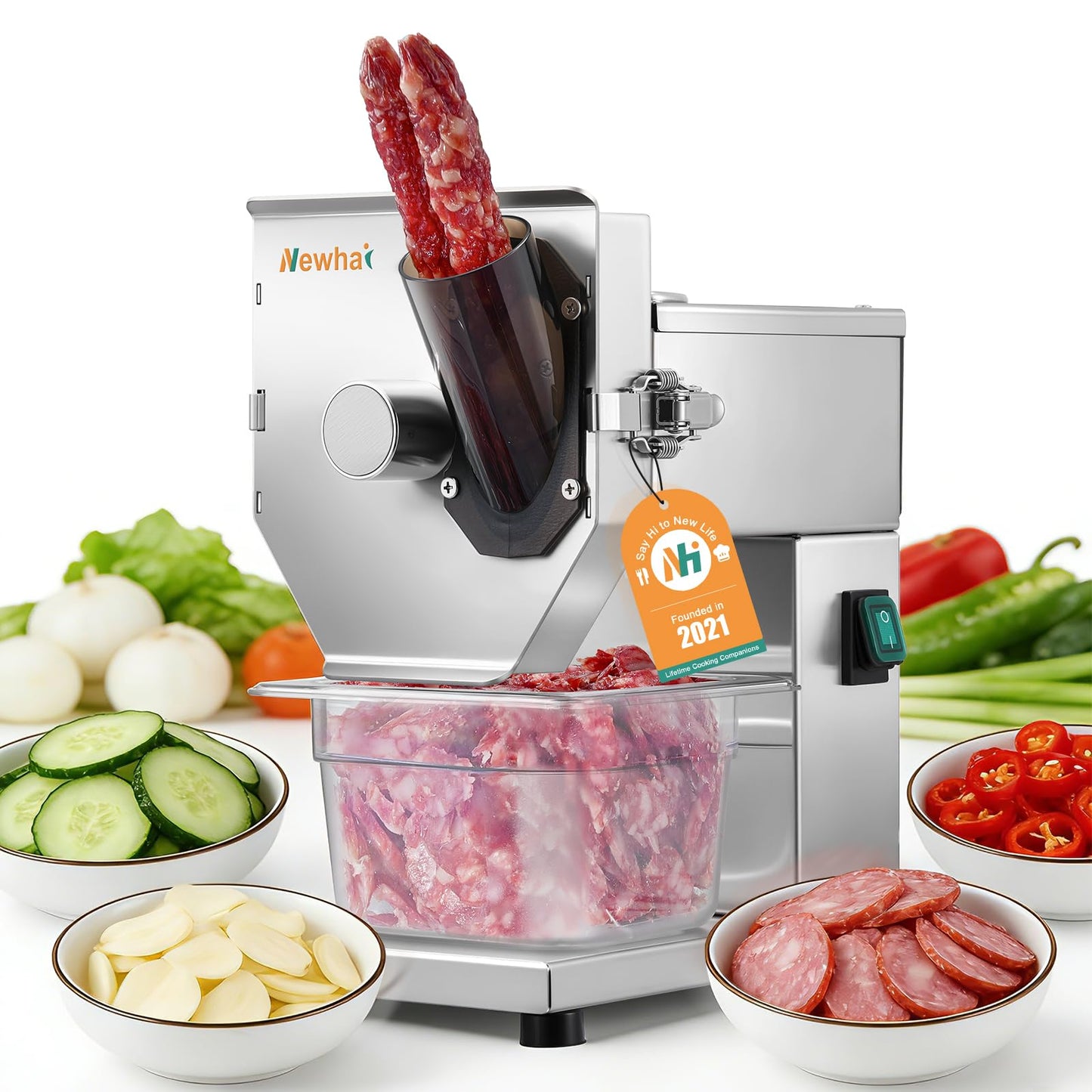 Newhai Commercial 3mm Sausage Garlic Slicer, 200W Electric Ham Slicing Machine with Automatic Feed Stainless Steel Meat & Vegetable Cutter for Sausage, Carrot, Smoked Pork (3mm)