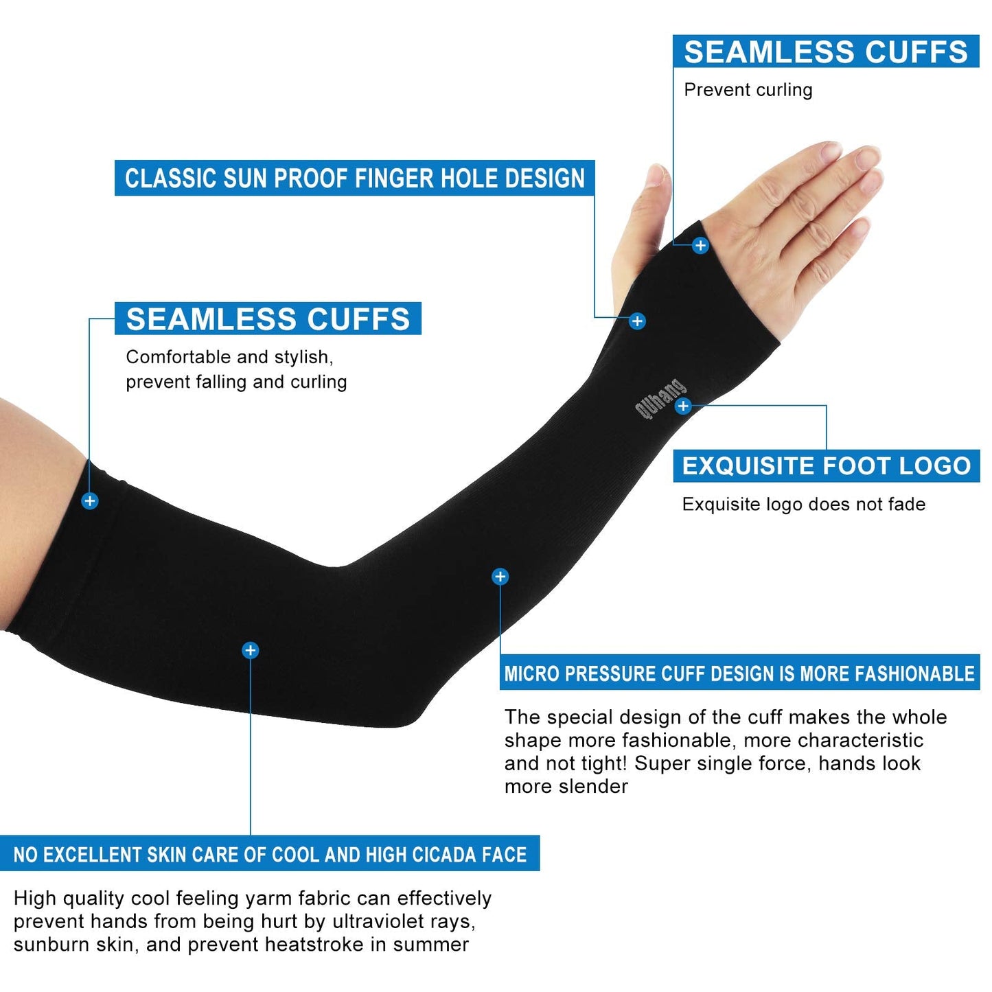 QUhang 6 Pairs Arm Compression Sleeves for Women Men Outdoor UPF50 UV Protection Sun Sleeves Cooling Tattoo Black Sleeve with Thumb Hole
