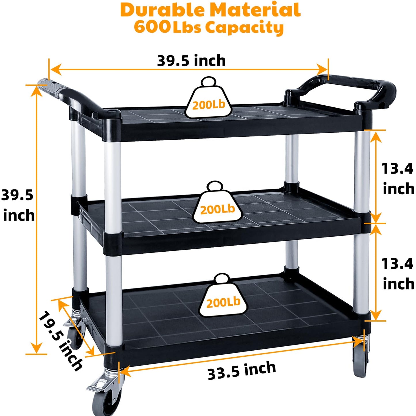 RAYFARMO Utility Carts with Wheels, Large Size 3 Tier Rolling Cart with Lockable Wheels, Heavy Duty 600lbs Capacity Food Service Cart for Restaurant, Kitchen, Home, Warehouse, Office
