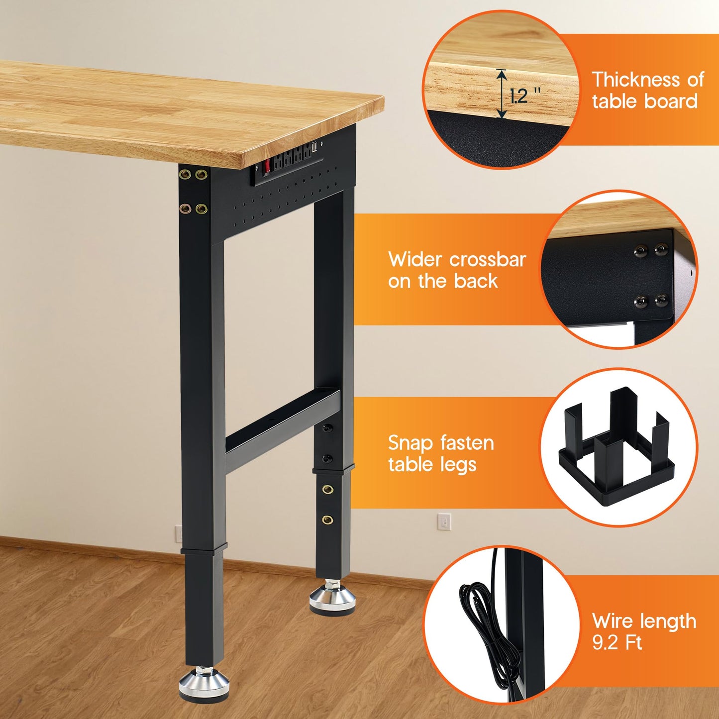 Albott 96x24 in Adjustable Workbench with Power Outlets, 6000 LBs Heavy Duty Wood Workbench with Hooks, Solid Rubber Wood Top for Garage, Workshop, Woodworking, Home Office