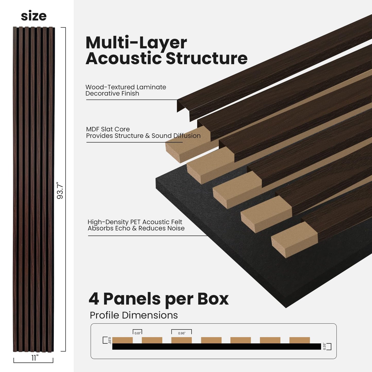 Wood Slat Wall Panels - 4 Pack 93.7" × 11" - Acoustic Panels Noise Reduction for Home Office Studio, 3D Fluted Sound Dampening Absorbing Panels, Dark Walnut