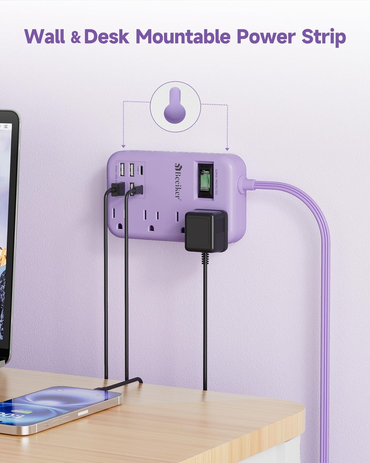 Beeiker 6 USB(2 5Ft 24W 4 USB C) Purple Travel Power Strip- Lavender Extension Cord with USB Charging Station