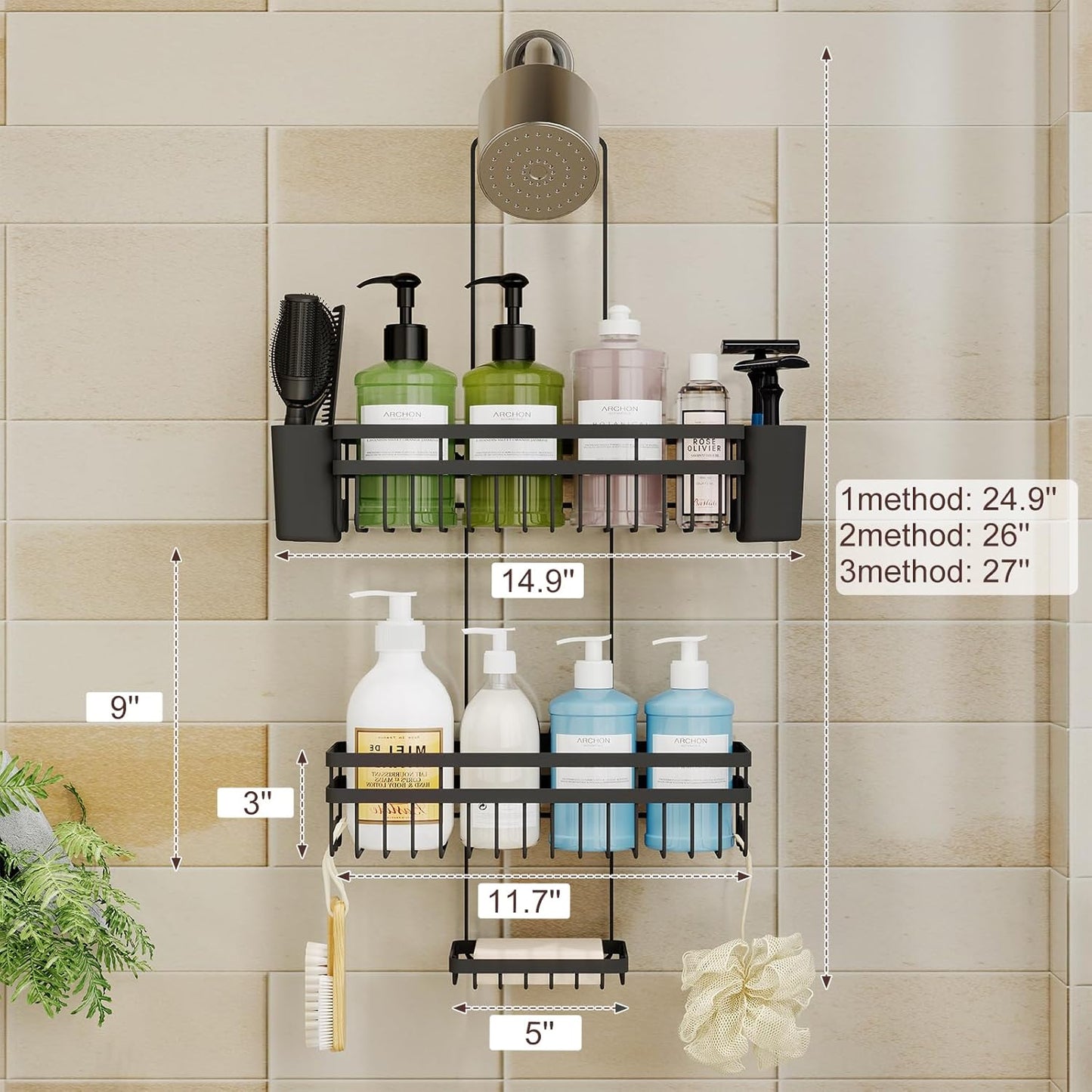 Shower Caddy - 3 Tier Adjustable Bathroom Organizer with Heavy-Duty Suction Cups | Rustproof Black