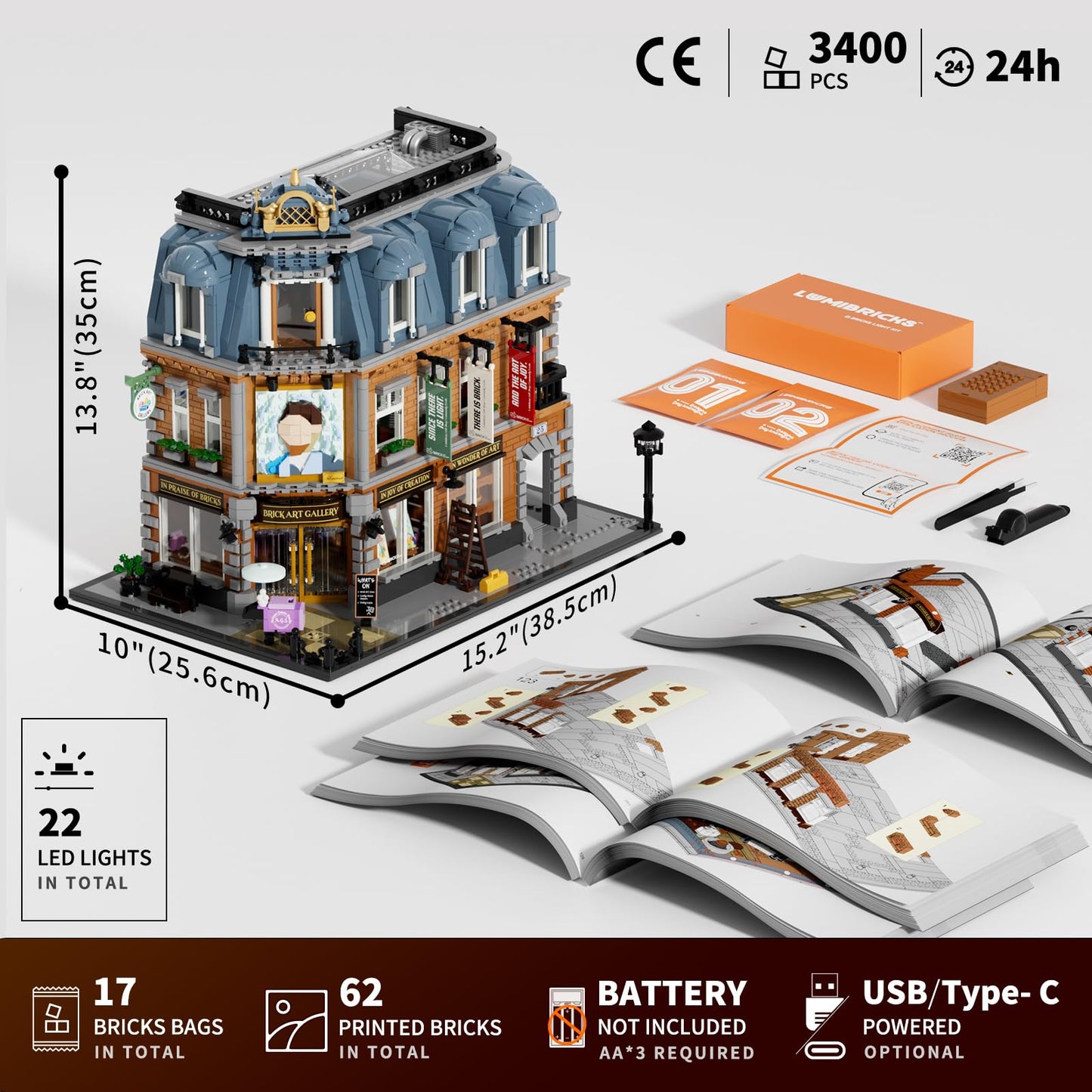 Lumibricks Brick Art Gallery Lighting Building Bricks Set - Town Life City Modular Collection Kit with Minifigures 3400 Pcs for Adults & Teen & Visual Art Lovers