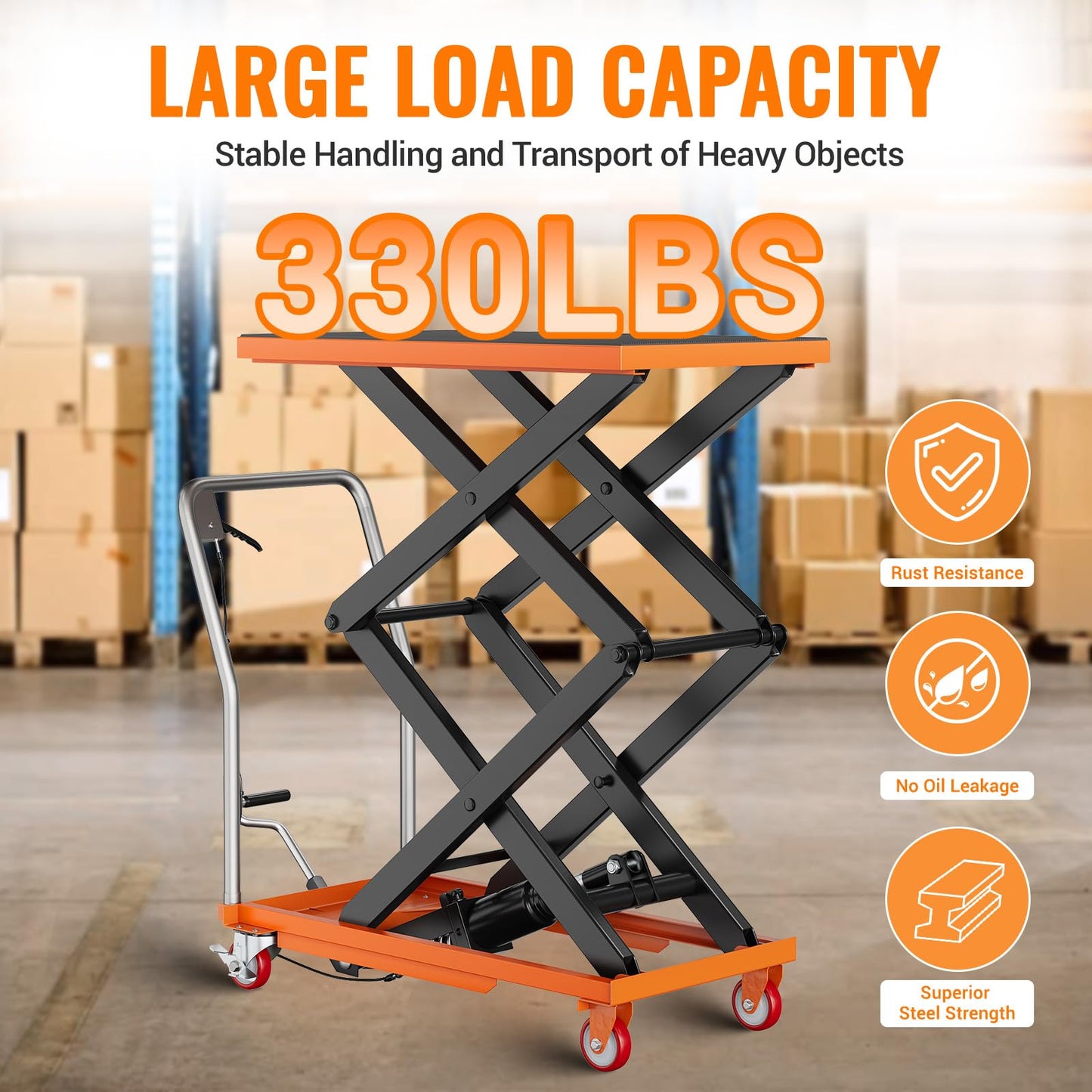 Double Scissor Lift Table, 330lbs Capacity 59" Lifting Height, Hydraulic Lift Table Cart with Locking Wheels and Non-Slip Pad, Hydraulic Scissor Cart for Material Handling and Transportation