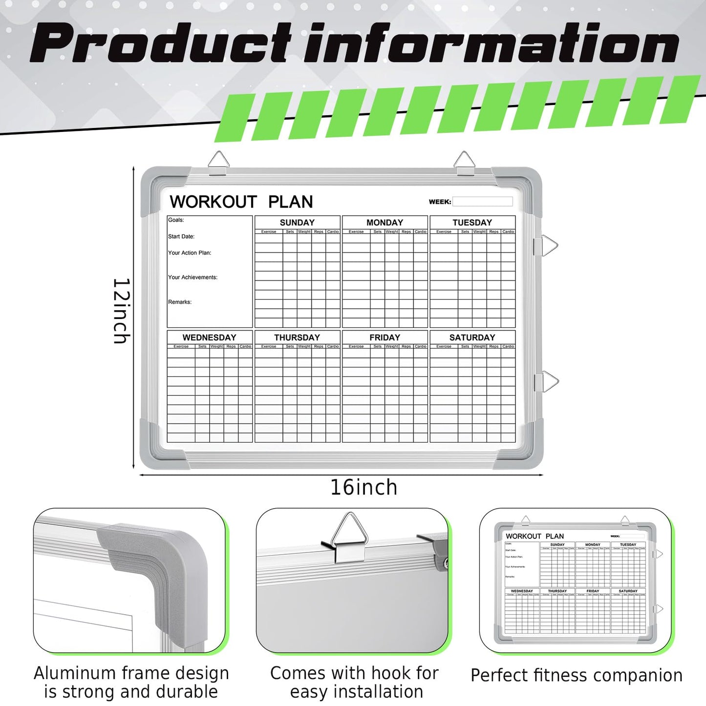 Lincia 16 x 12 Inch Fitness Tracker Whiteboard Workout Calendar for Home Gym Dry Erase Planner Hanging Removable to Do List for Wall Whiteboard with Aluminum Frame for Gym Program(Style D)