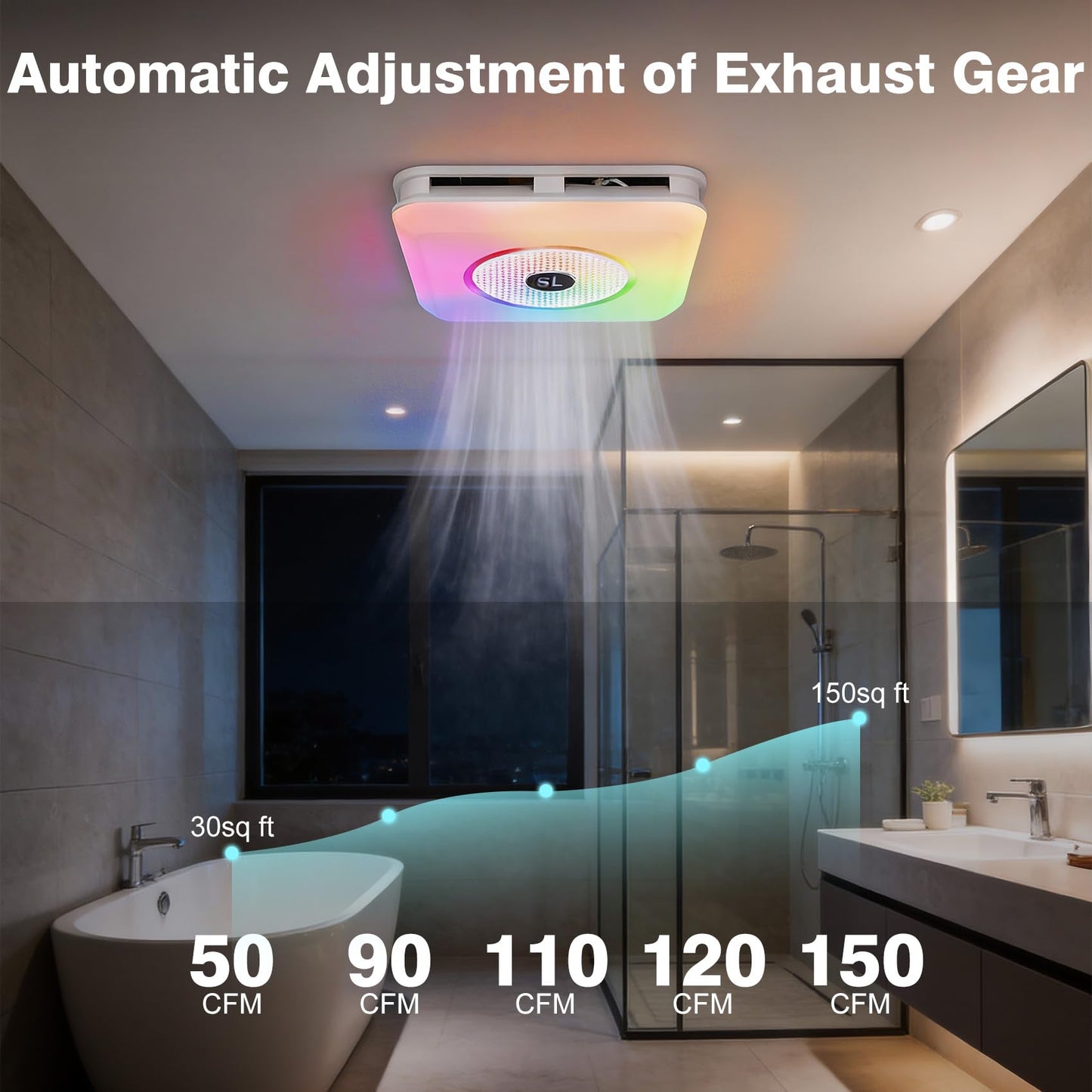 NJSZBDZJ Bathroom Exhaust Fan with Bluetooth Speaker & LED Light, 230 CFM 0.1 Sone Ultra-Quiet, 7-Color RGB & 3CCT Adjustable, Music Sync, Humidity Sensor, Remote Control, Easy Install