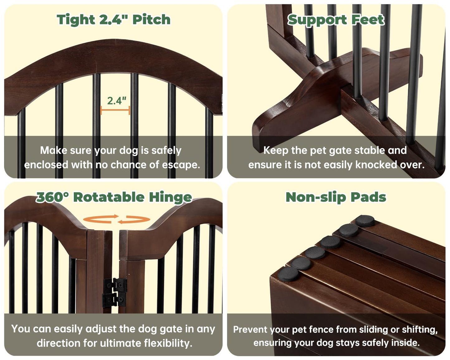 PrimeZone 144" Extra Wide Dog Gate - 36" Tall 6-Panel Solid Acacia Wooden Freestanding Puppy Gates with Door, Foldable Indoor Pet Fence for Doorways, Stairs, Support Feet Included, Brown