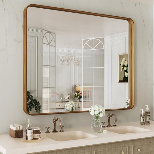 LOAAO Bathroom Mirror - 40x30 Inch Rounded Rectangle with Wood Grain Metal Frame | Anti-Rust, Versatile Hanging Options