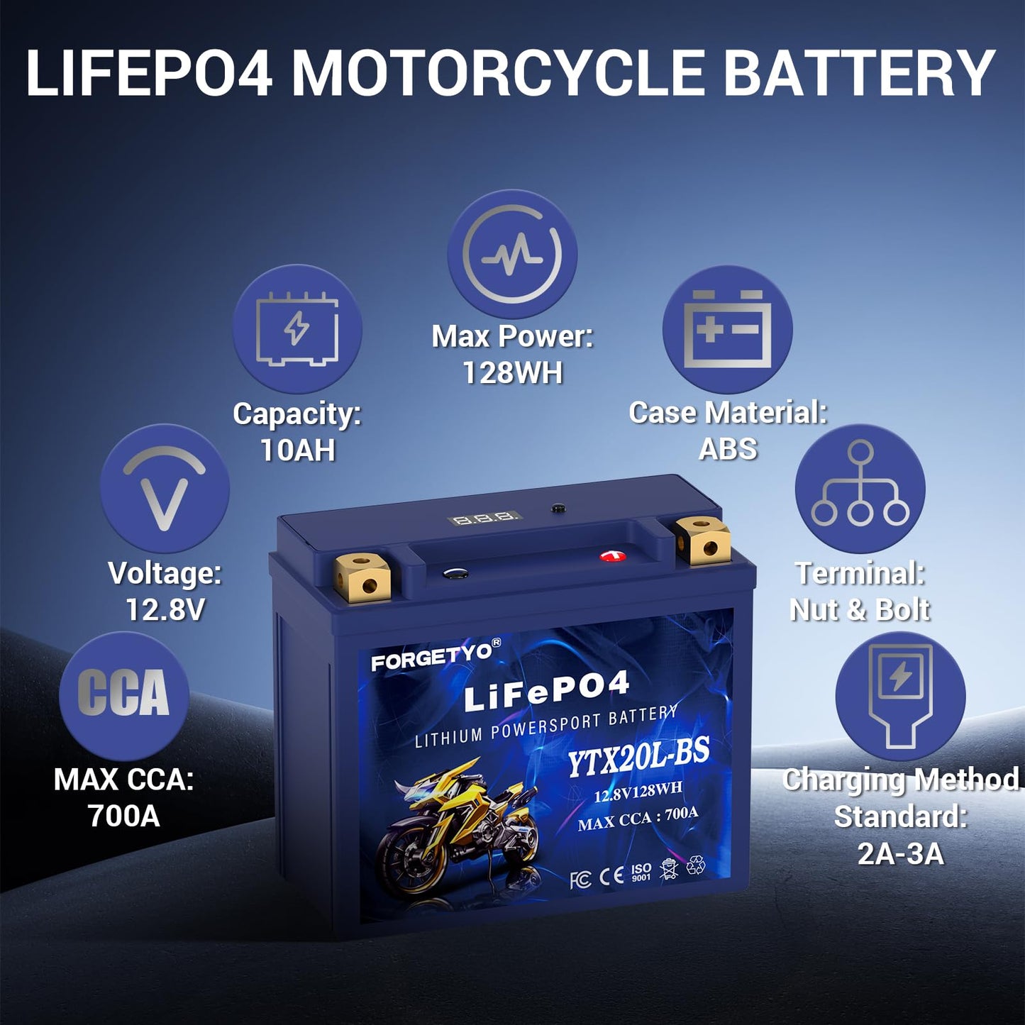 Forgetyo Lithium YTX20L-BS, 700A LiFePO4 Motorcycle Battery, 12V 10AH ATV, UTV, Jet Ski, 4 Wheeler, Snowmobile, Personal Watercraft, Seadoo, Polaris, Tractor,Generator and Riding Lawn Mower Battery