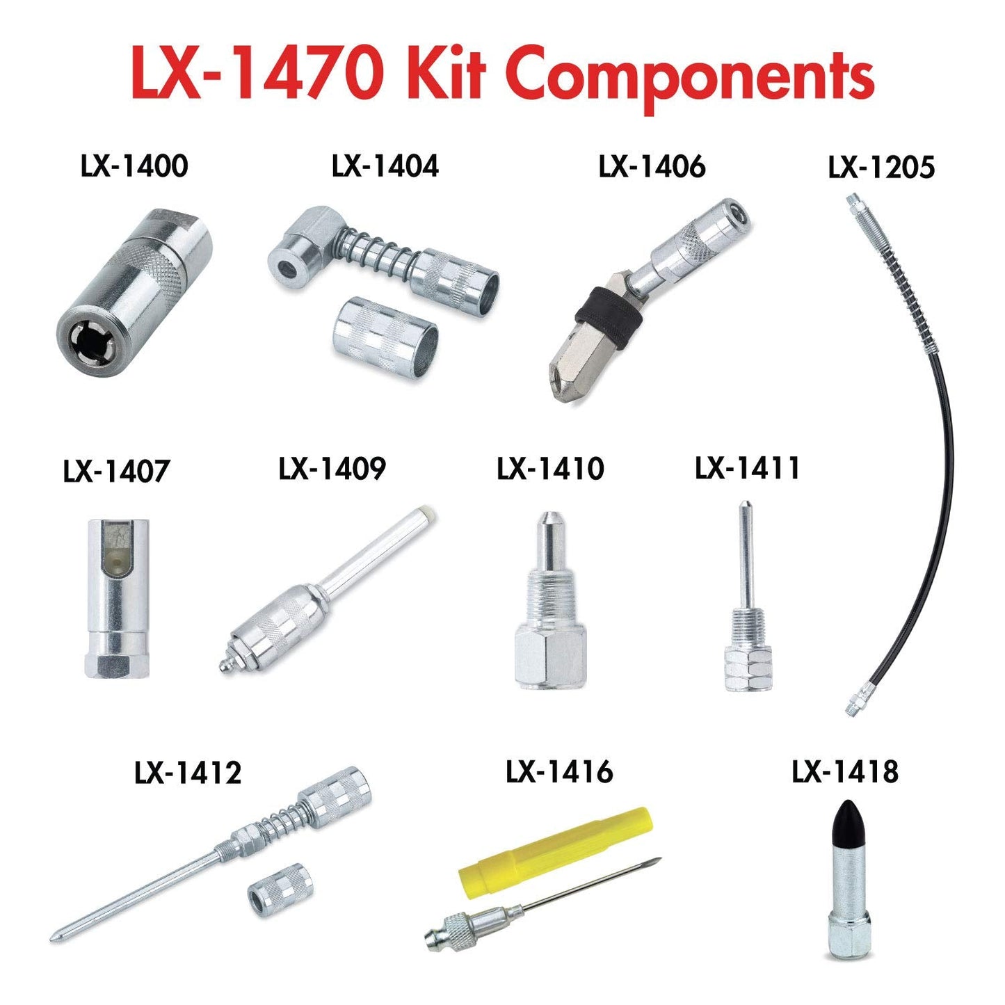 Lumax LX-1470 Silver Lubrication Accessory Kit, 11-Piece. Kit Contains 11 of Lumax’s Most Popular lube Accessories. Organize and Store in Convenient Storage case.