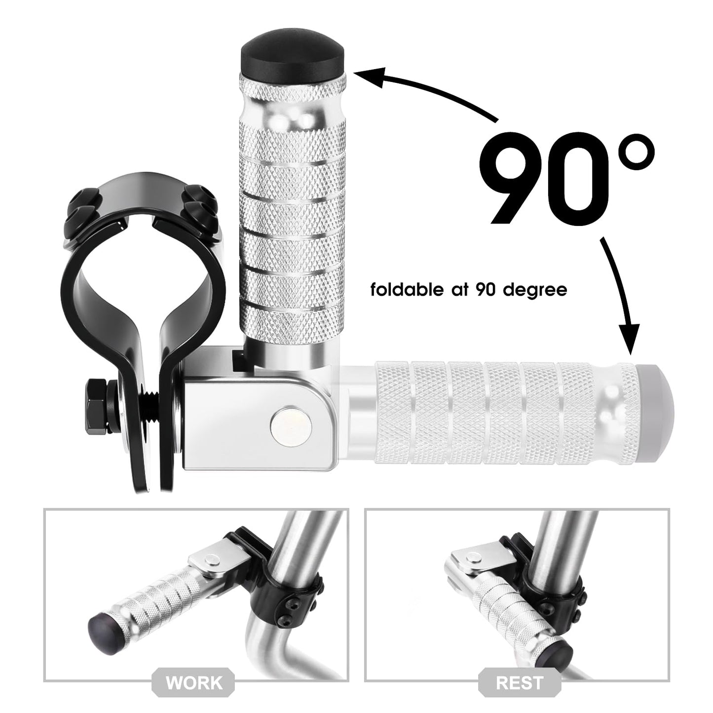 90 Degree Foldable Footpegs M8 Motorcycle Foot Pegs CNC Anti-Skid Footrest Passenger Pedal for Motorbike Mini Bike Dirt Pit Bike (Silver)