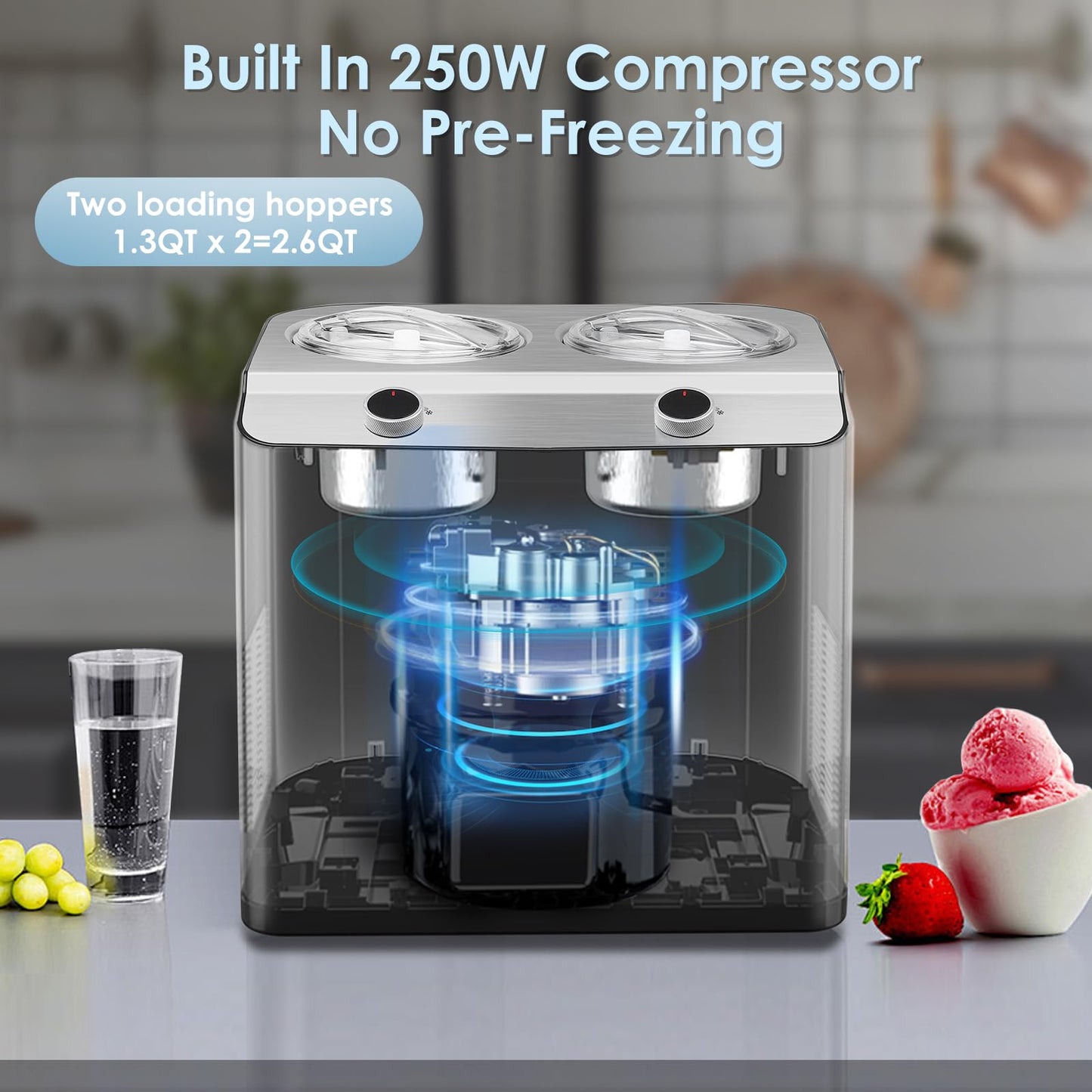 Homtone 2 Flavor Ice Cream Maker,Automatic Compressor Ice Cream Maker Machine with 2 Bowls,2.6QT (2 x 1.3qt) Largest Capacity & Fastest Freezing Ice Cream Machine, 3 Modes, Keep Cool Function