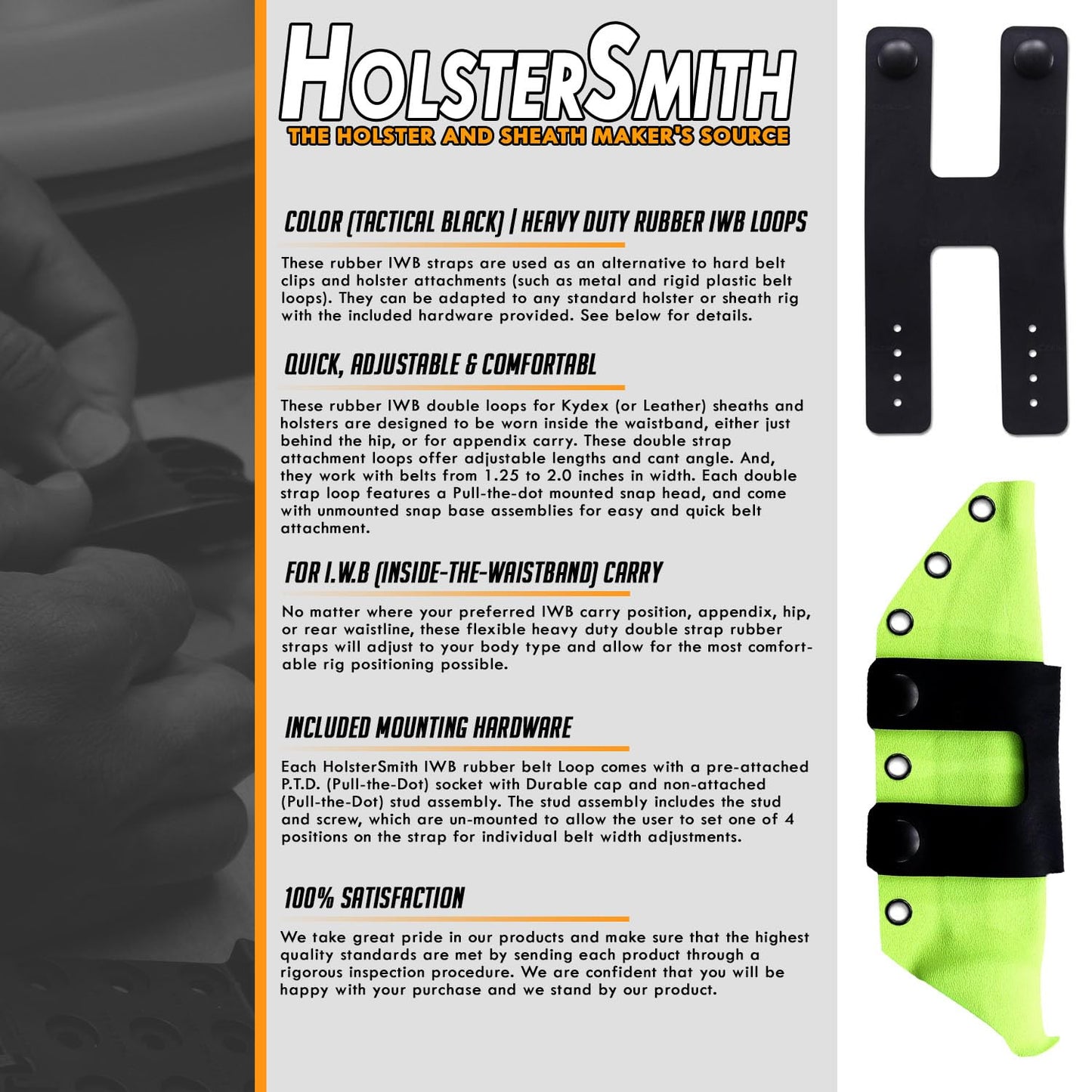 IWB Double Belt Loop - Heavy Duty Rubber – Black w/Pull-The-Dot Snaps/Durable Caps & Mounting Hardware - Belt Loop for IWB Carry - (Fit 1.25-2.00 Inch Belts (Adjustable)