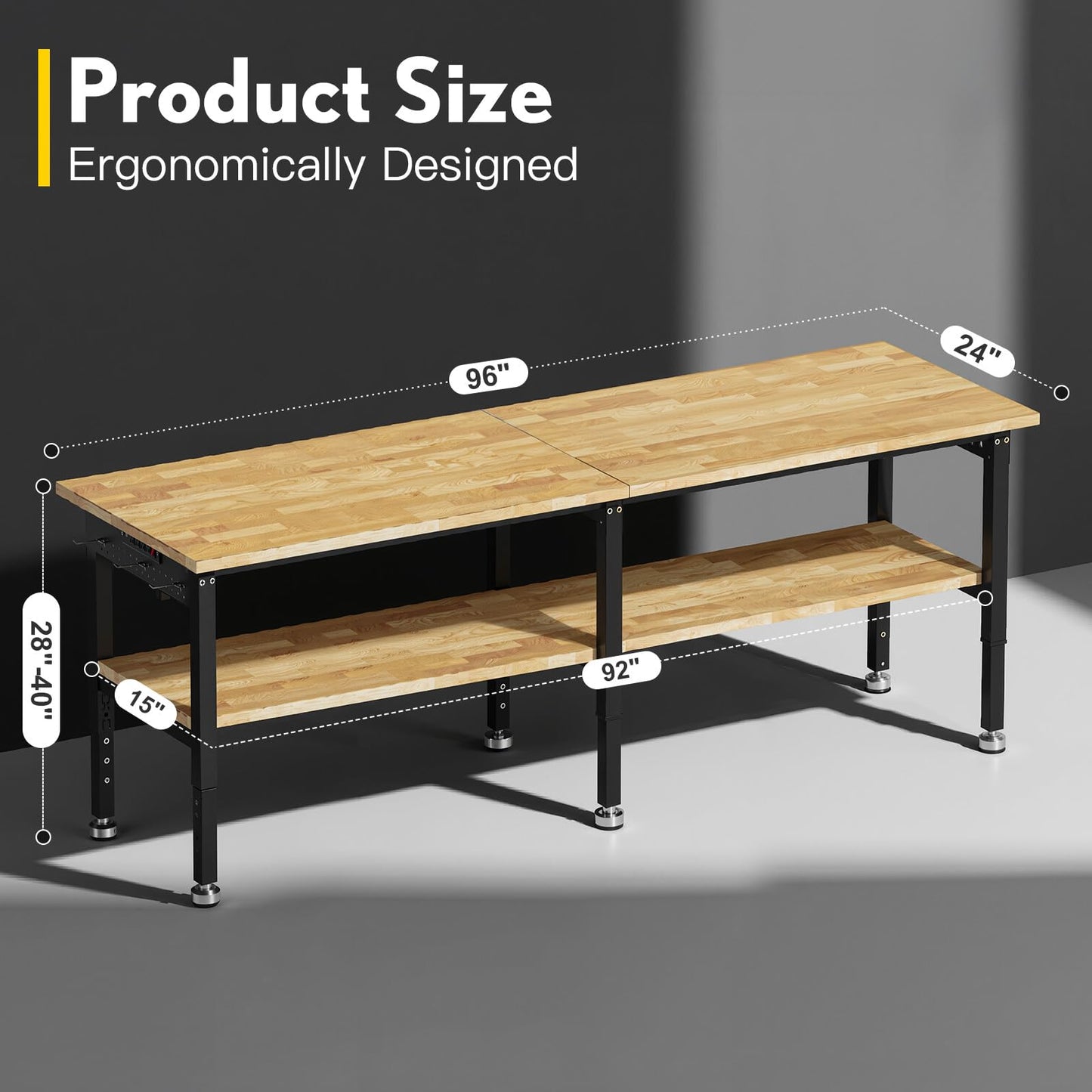 96” Adjustable Work Bench, 2-Layer Heavy Duty Workbench, 6000 LBS Capacity Workbench with Pegboard & Power Outlet, Rubber Wood Work Table for Garage, Office, Workshop, Home