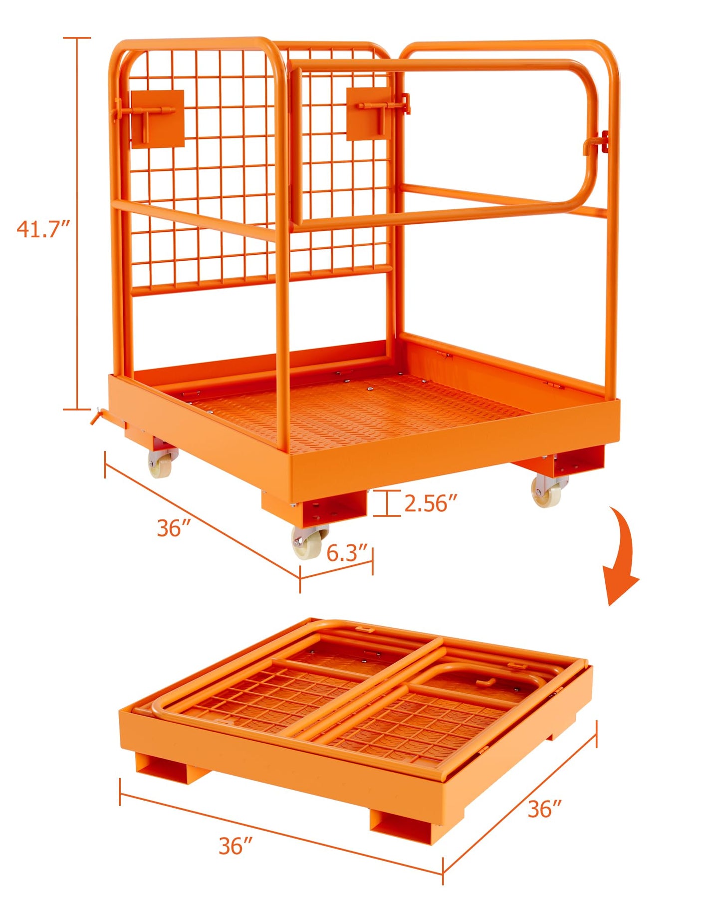Forklift Cage 36x36 Inches Work Platform Safety Cage，Collapsible Lift Basket with 4 Wheels Device Chain for Aerial Work Lifting Loader
