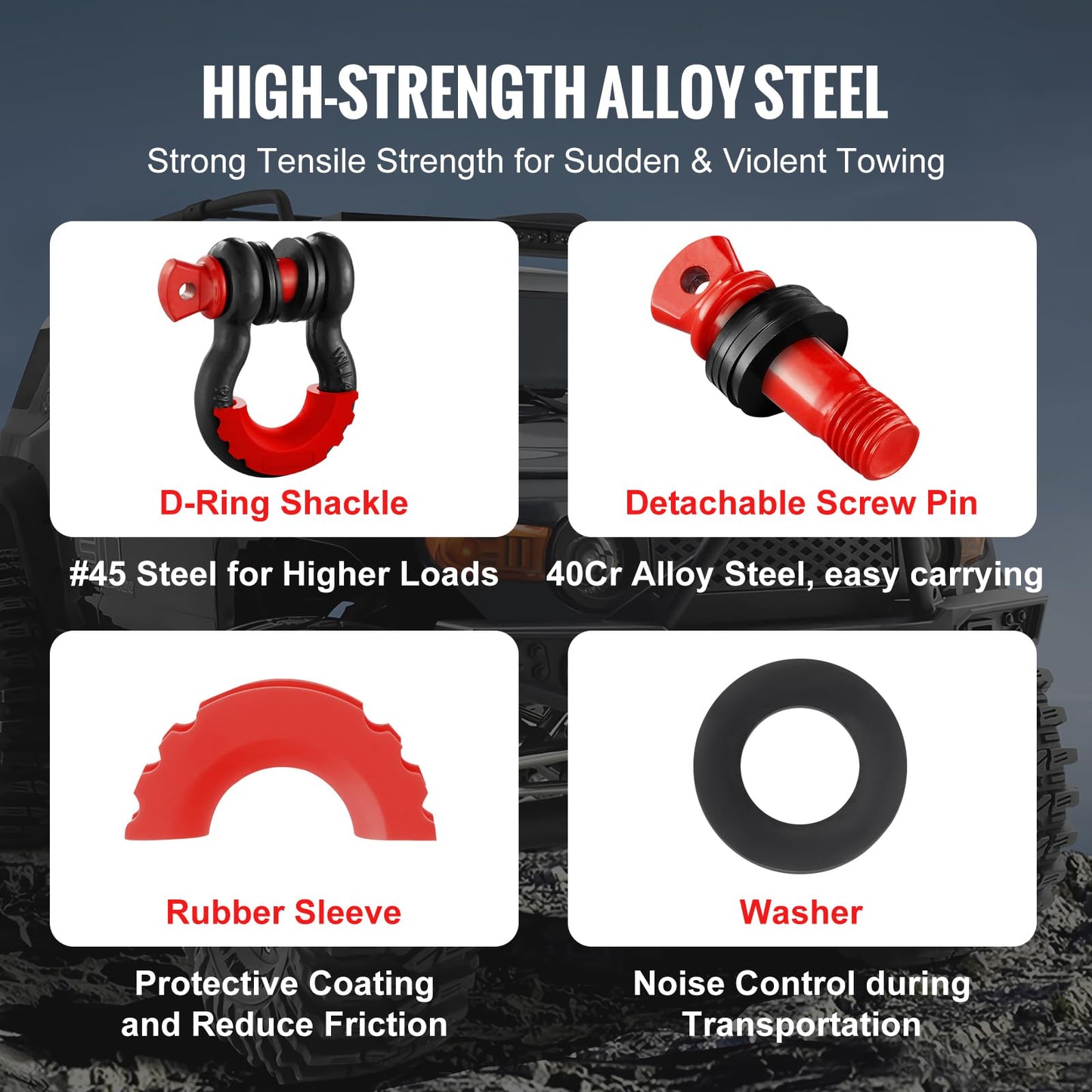 VEVOR 3/4" D Ring Shackle, Black Shackles for Truck with 7/8” Screw Pin 62832 lbs (28.5 Ton) Break Strength Red Isolator Washers Kit, Winch Towing Shackle for Truck Jeep Heavy Duty Off Road Recovery
