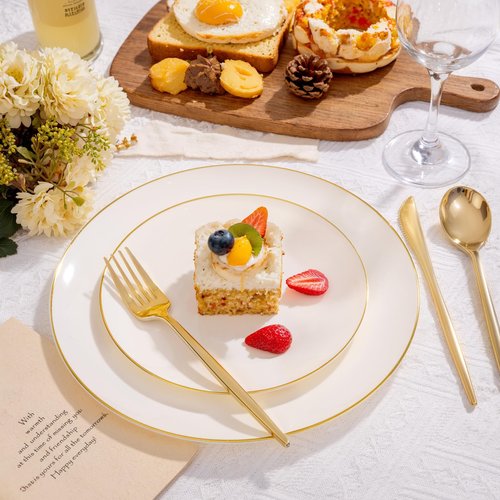 bUCLA 100PCS Ivory Plastic Plates with Gold Rim - Heavy Duty Cream Disposable Include 50 Dinner 10 inch & 50 Dessert 7 inch, for Party & Wedding