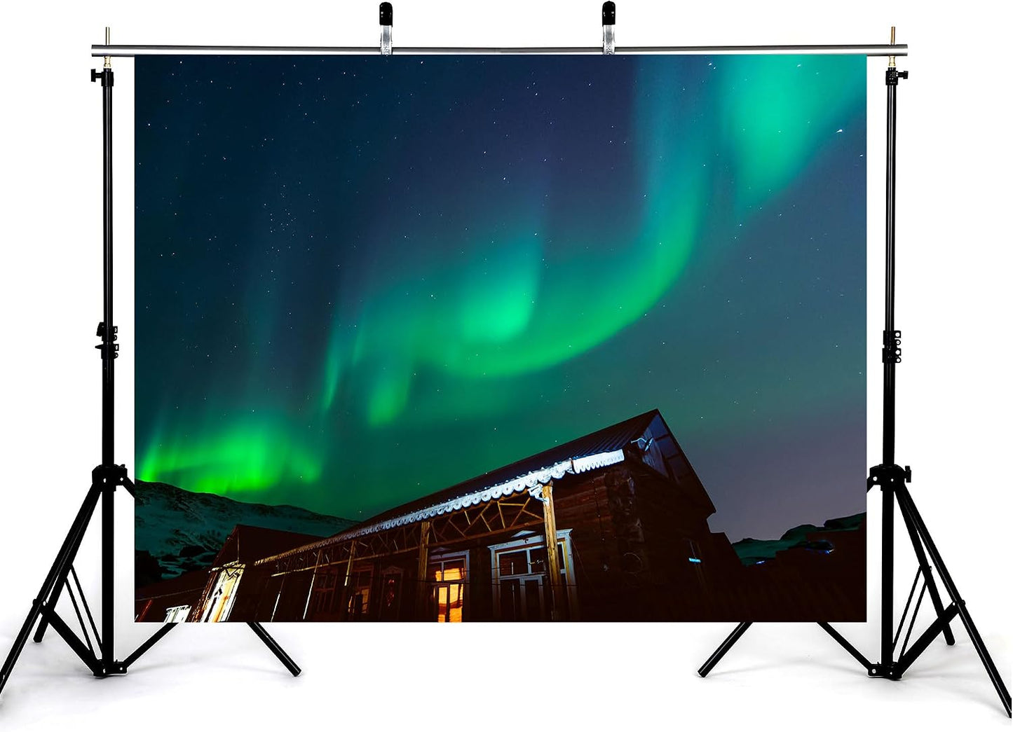 KeyWork 10x7ft Green Northern Lights Cabin Backdrop Arctic Night Sky Scene Photography Background for Winter Event Home
