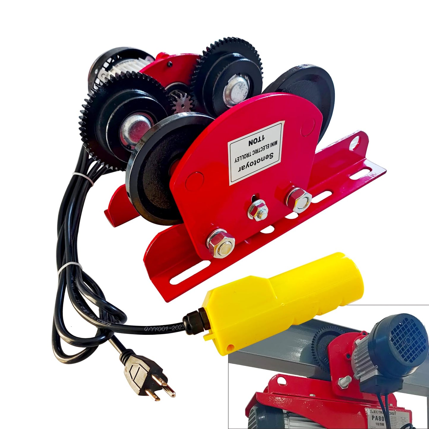 Electric Trolley for Power Hoist 2200LBS Capacity,Fit 2.68-4.33 in I-Beam,Push Geared Overhead Crane Heavy Duty Wheels System for PA200 to PA1000 Hoists,Perfect for Gantry Cranes,Warehouses