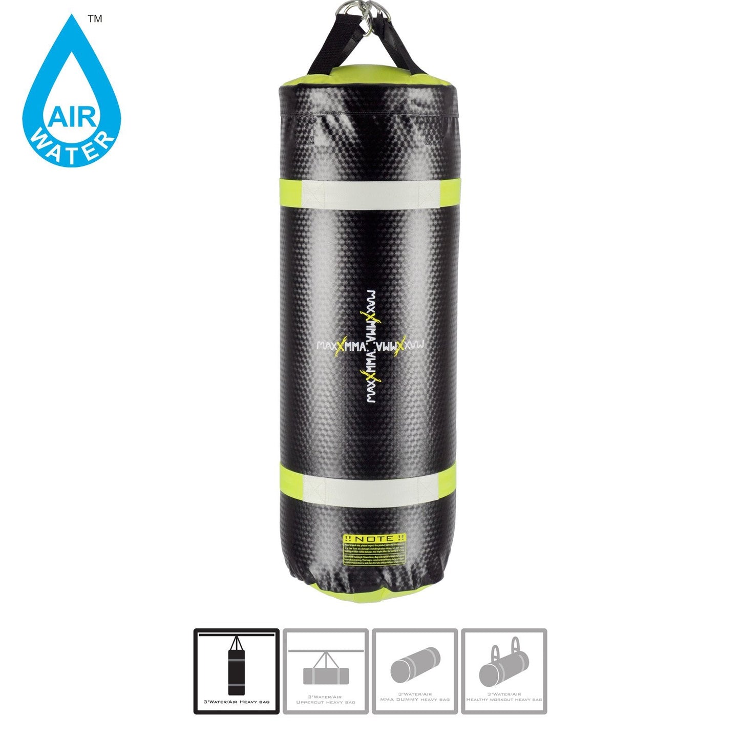 MaxxMMA 3 ft 4-in-1 Water/Air Heavy Bag | Training & Fitness, Uppercut Workout, MMA Grappling, Punching Bag (Black/Neon Yellow)