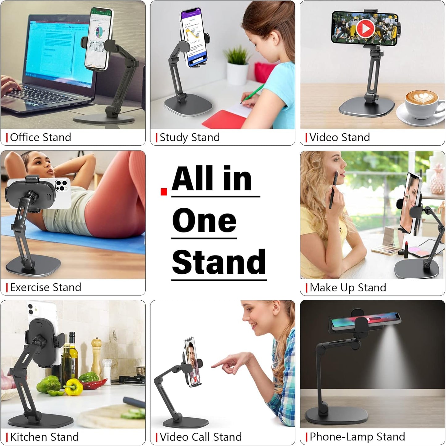 APPS2Car 360 Phone Stand for Desk [No Dropping Stable Triple-Clamp Holder] Adjustable Height Degree Rotation Heavy Base