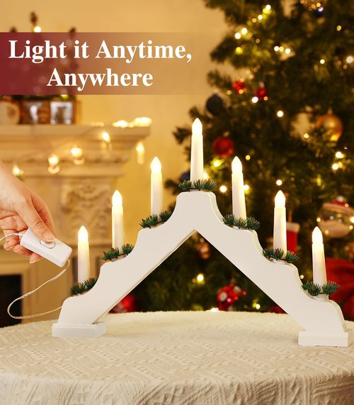 Lewondr Christmas Swedish Candelabra, Electric Candles with 7 Flameless Taper Candles, USB Powered Wooden Candle Bridge Light with Pine Needles, Decorative Xmas Candle Lights for Windows Wedding,White