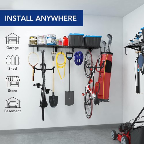 FLEXIMOUNTS Garage Wall Shelving - 2-Pack 1x3 Ft | Includes 8 Bike Hooks & 300 Lbs Capacity