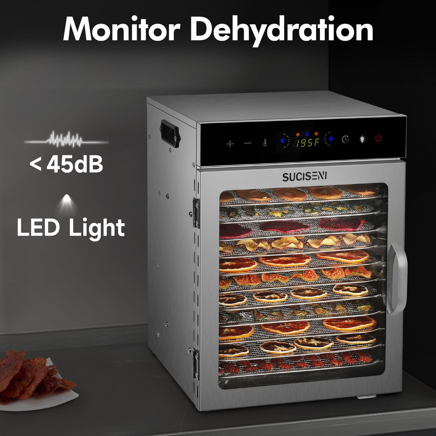 Food Dehydrator Machine 12 Stainless Steel Trays 1000W Meat Dehydrator for Home Use, 24H Timer & 195℉ Temperature Control Food Dryer for Jerky Fruit Herbs Mushroom Dog Treats