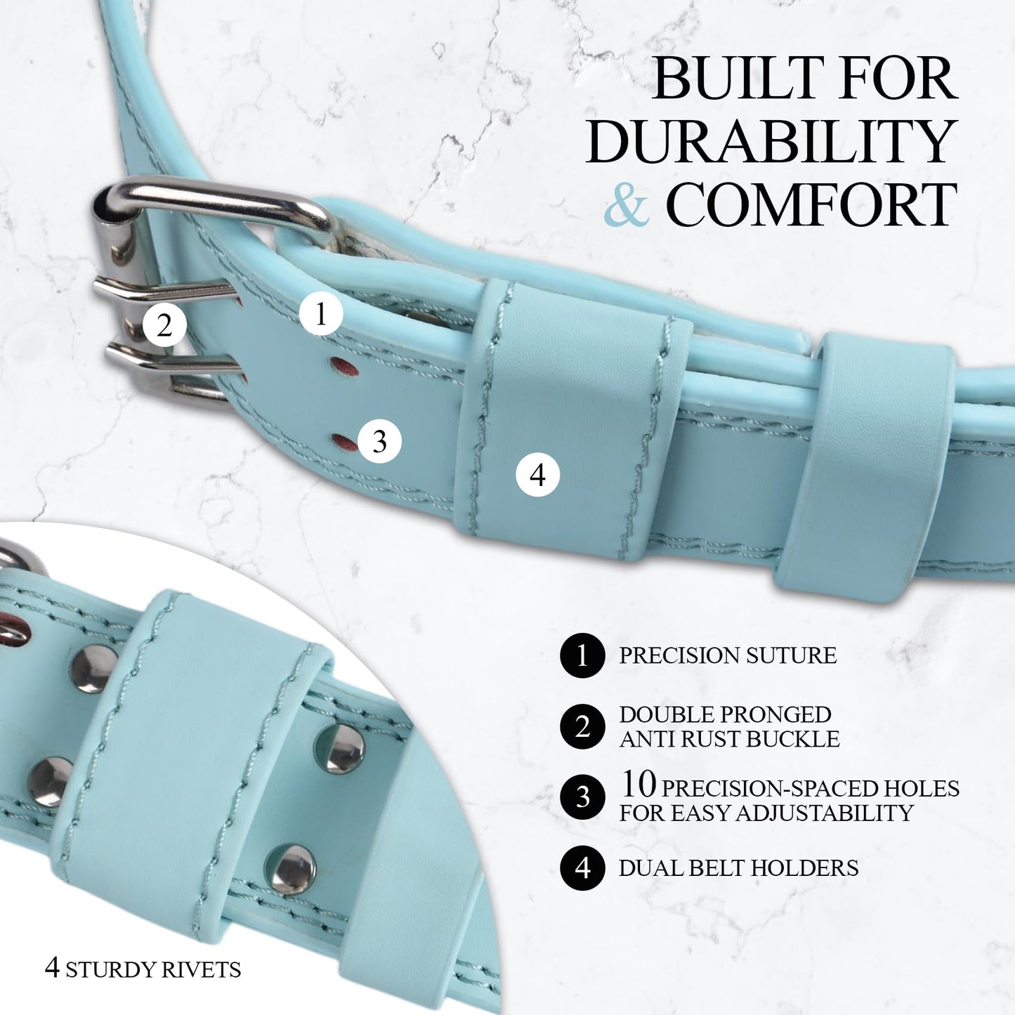 Leather Weightlifting Belt, 10 Adjustable Holes, 4”Width, Double Prong Power Belt for Gym Bodybuilding, weightlifting, powerlifting, squats and deadlifts (Blue, XS (23"-27"))