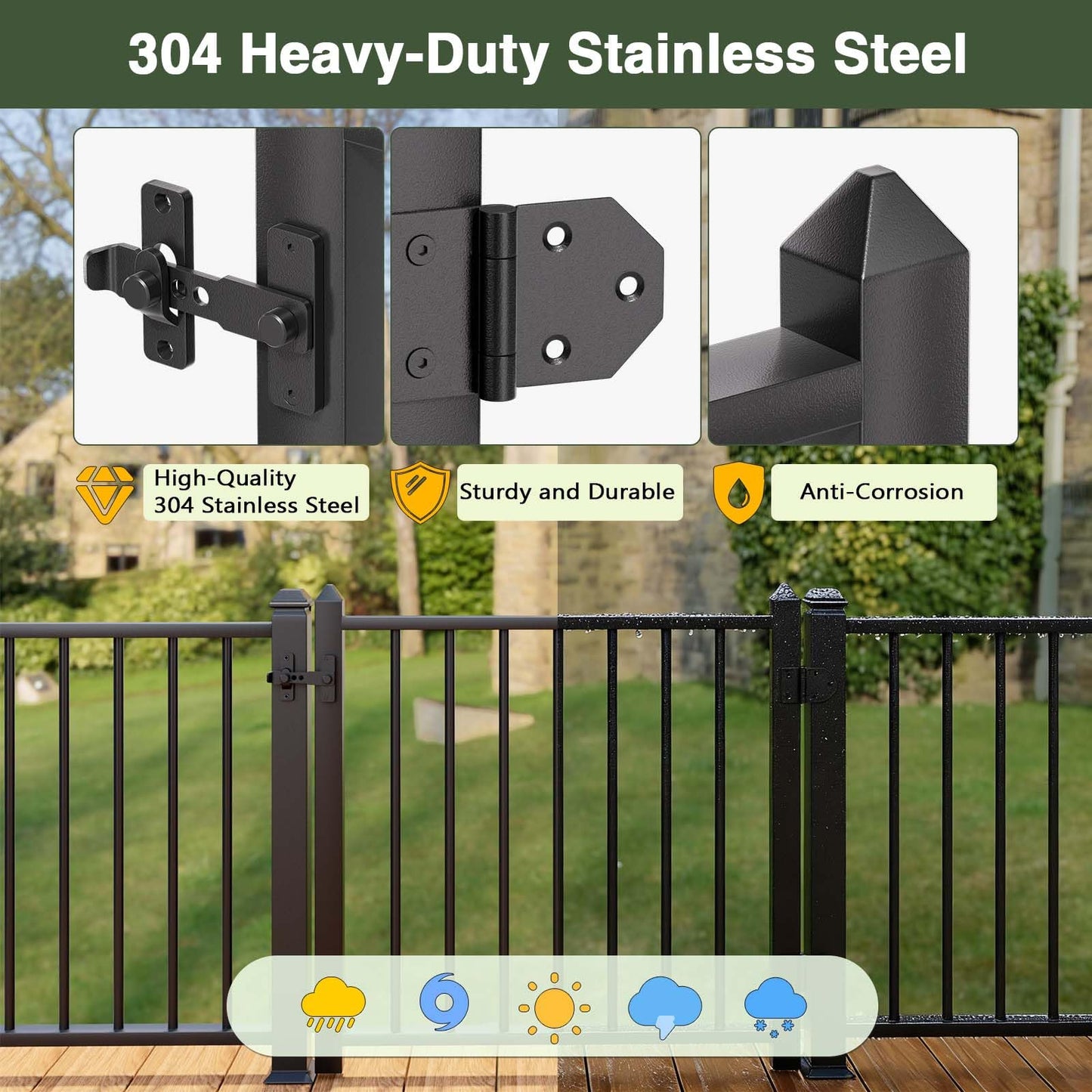 DIY DECK Deck Railing Gate Stainless Steel Black Textured Powder-Coat Finish Deck Gate Kit with Latch for Deck,Garden,Yard, Porch,Patio (Black, Left Hand in Swing)