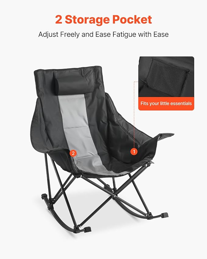 VEVOR Rocking Camping Chair, Portable Folding Rocker, Heavy-Duty Lawn Chair Recliner with Cupholder & Pocket, Supports 225lbs, Fully Padded Camp Chairs for Outdoor Patio Backyard Porch Garden