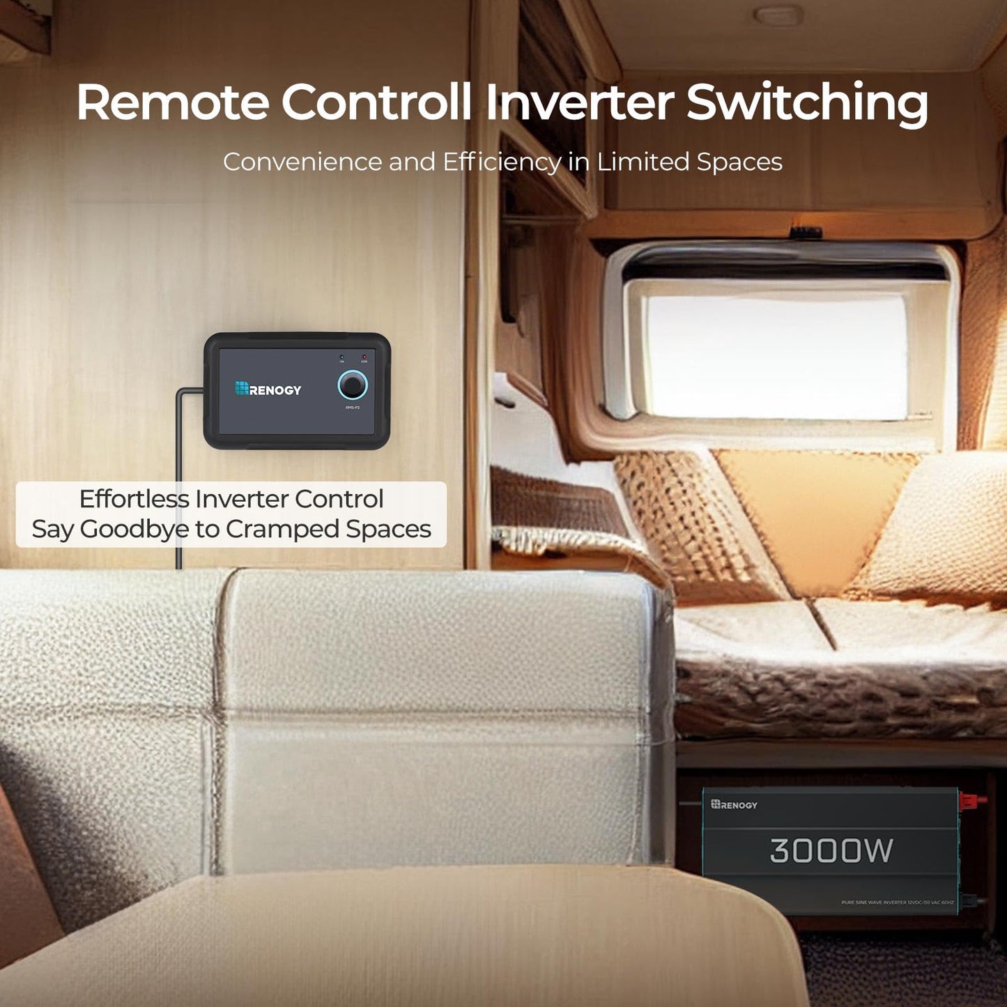 Renogy Inverter P2 3000W Pure Sine Wave Inverter 12V DC to 120V AC Converter for Home, RV, Truck, Camping, Trailer, with Wired Remote Controller, Support Li, AGM, SLD, GEL, FLD Batteries