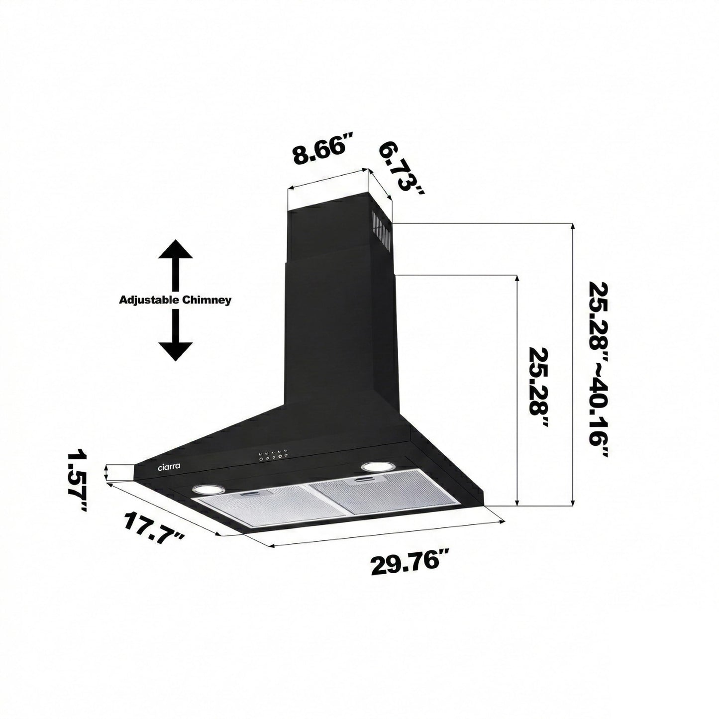 CIARRA Black Wall Mount Range Hood 30 inch 550 CFM Stove Vent Hood with 2 LED Light for Kitchen, 3 Speed Fan, Ducted & Ductless Mode, Push Button, Easy to Install, CAB75206P-N