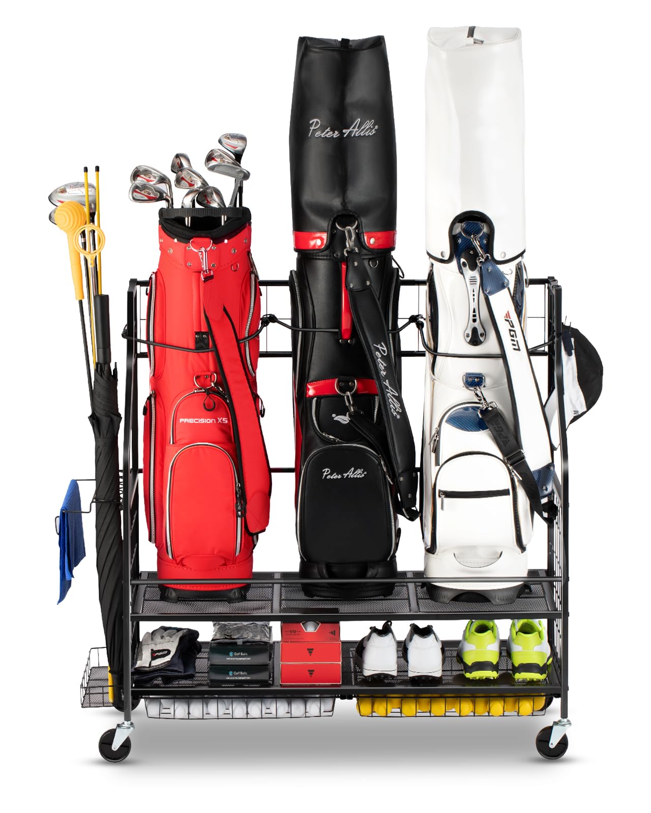 FHXZH 3 Golf Bag Storage Garage Organizer, Golf Bag Stand Fit for 3 Golf Bags, Golf Clubs, Golf Balls, Golf Equipment Accessories, Storage Rack with Wheels for Garage, Club, Shed, Basement